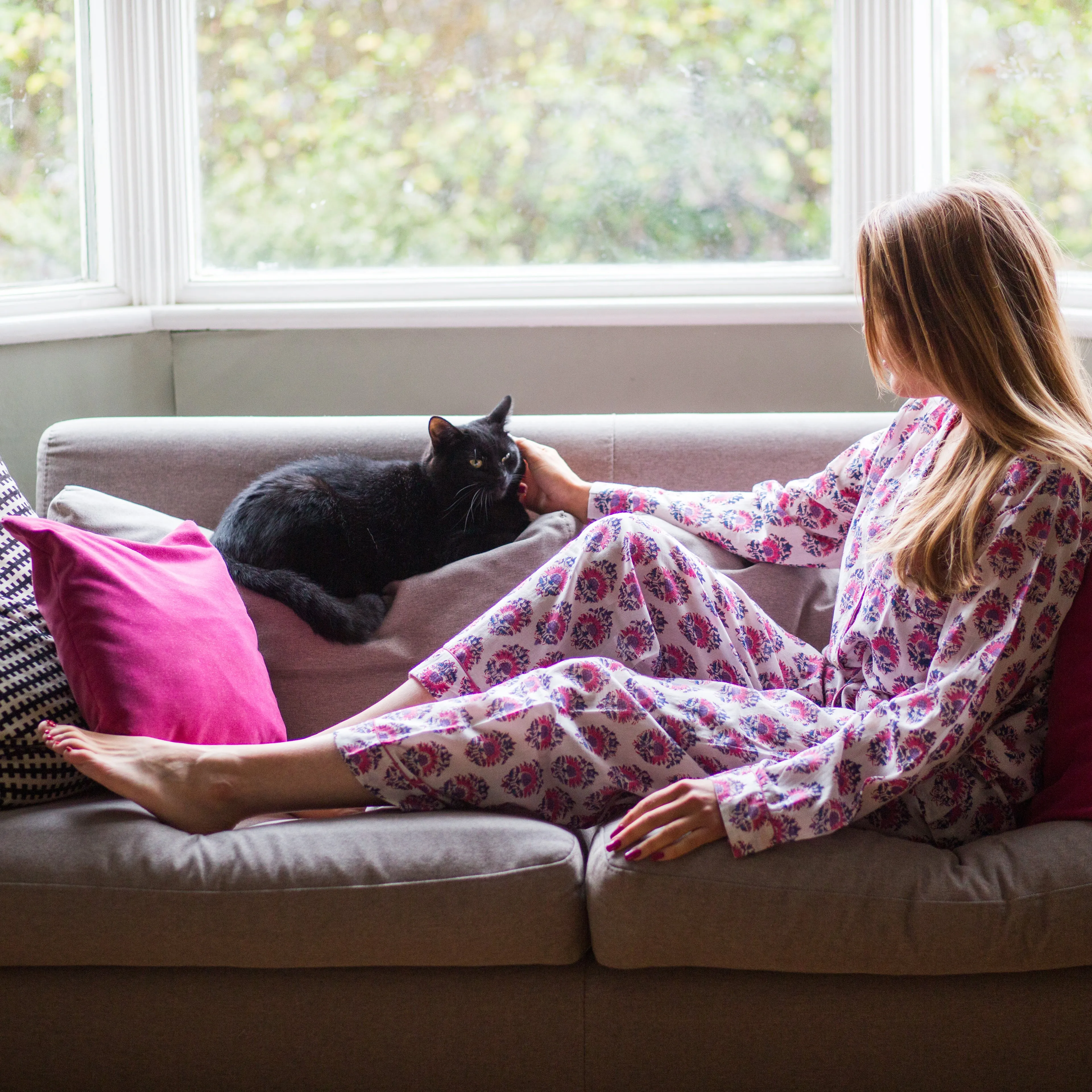 Long PJ Set in Pink & Blue Floral Block Print