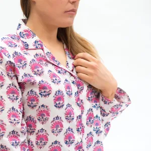 Long PJ Set in Pink & Blue Floral Block Print