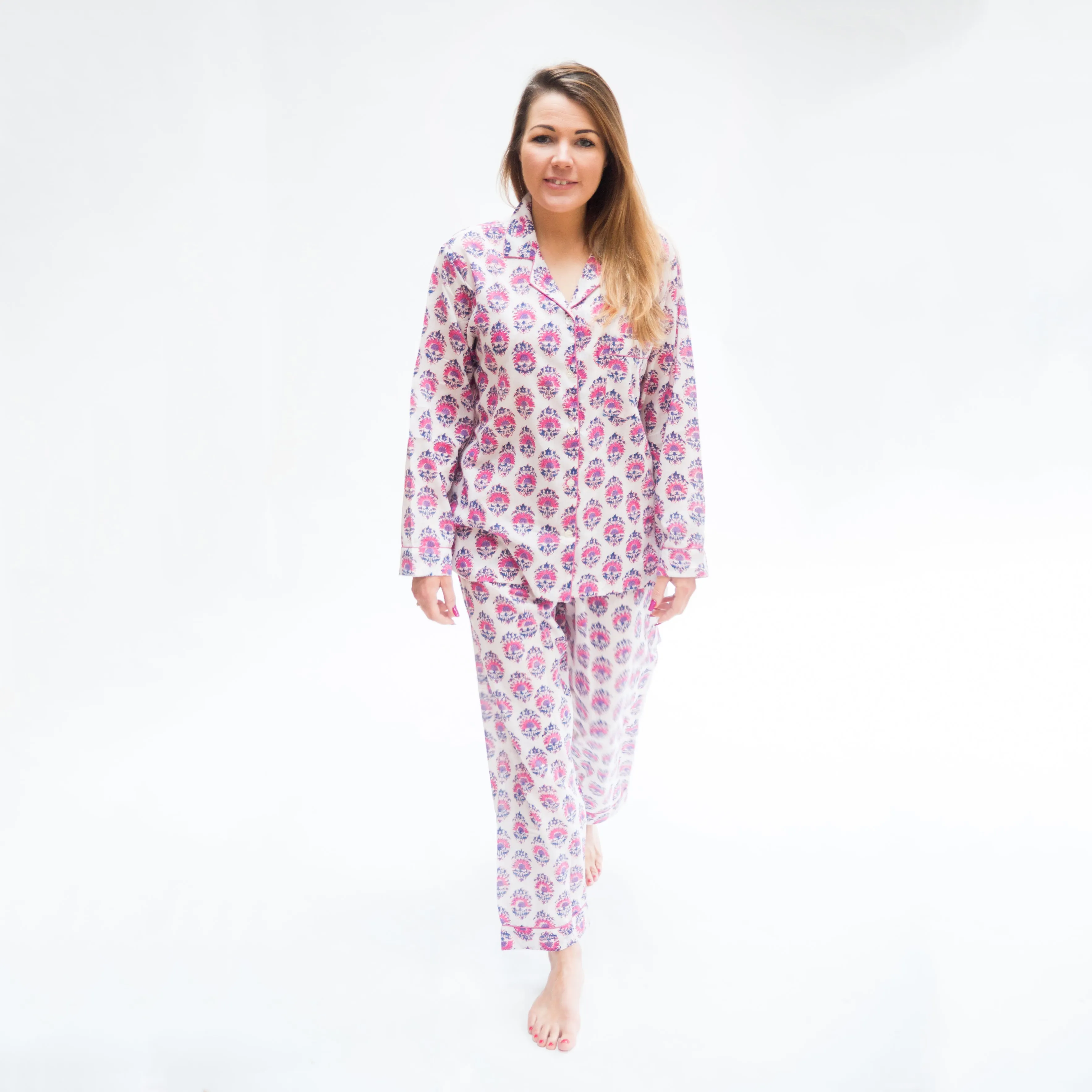 Long PJ Set in Pink & Blue Floral Block Print