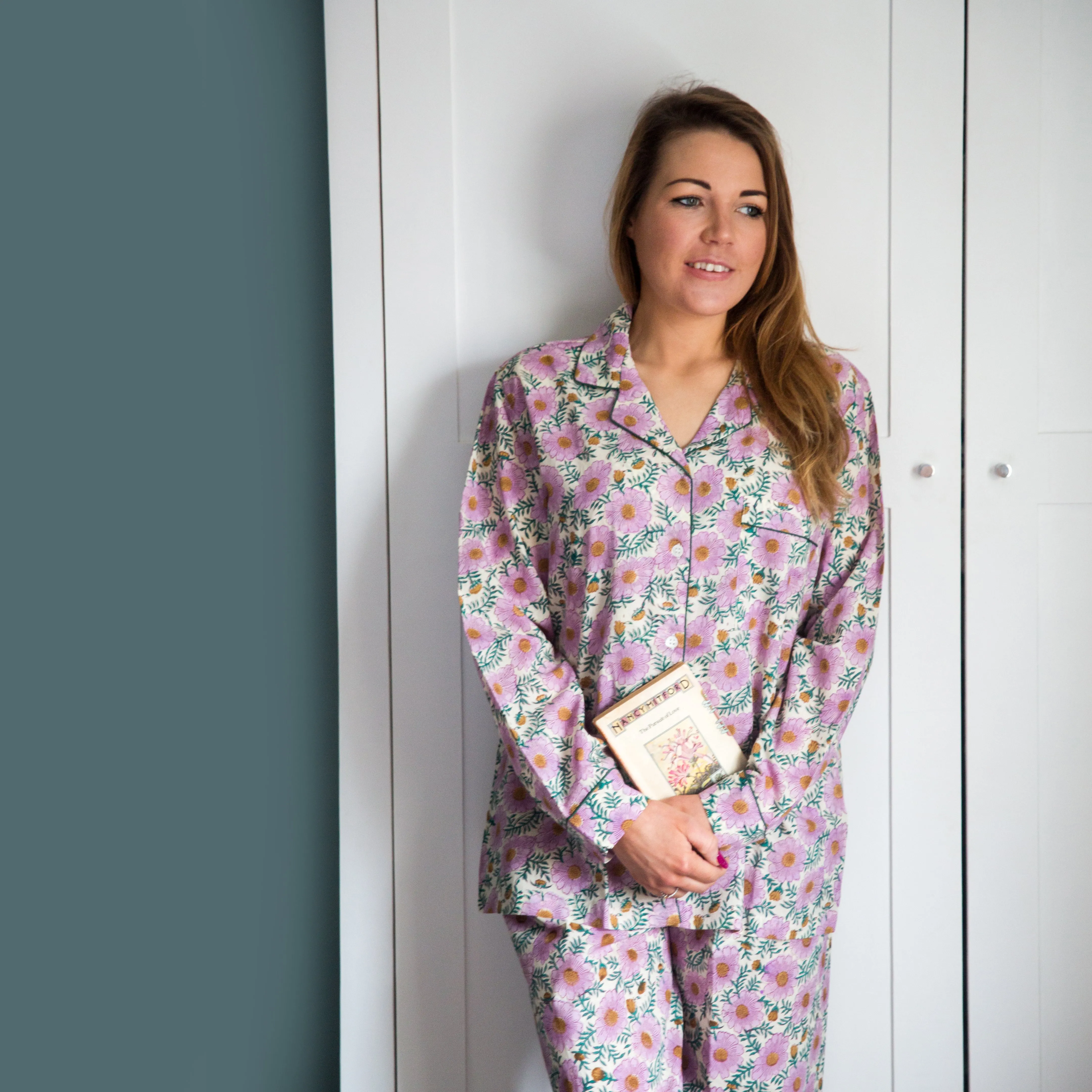 Long PJ Set in Pink & Green Floral Block Print