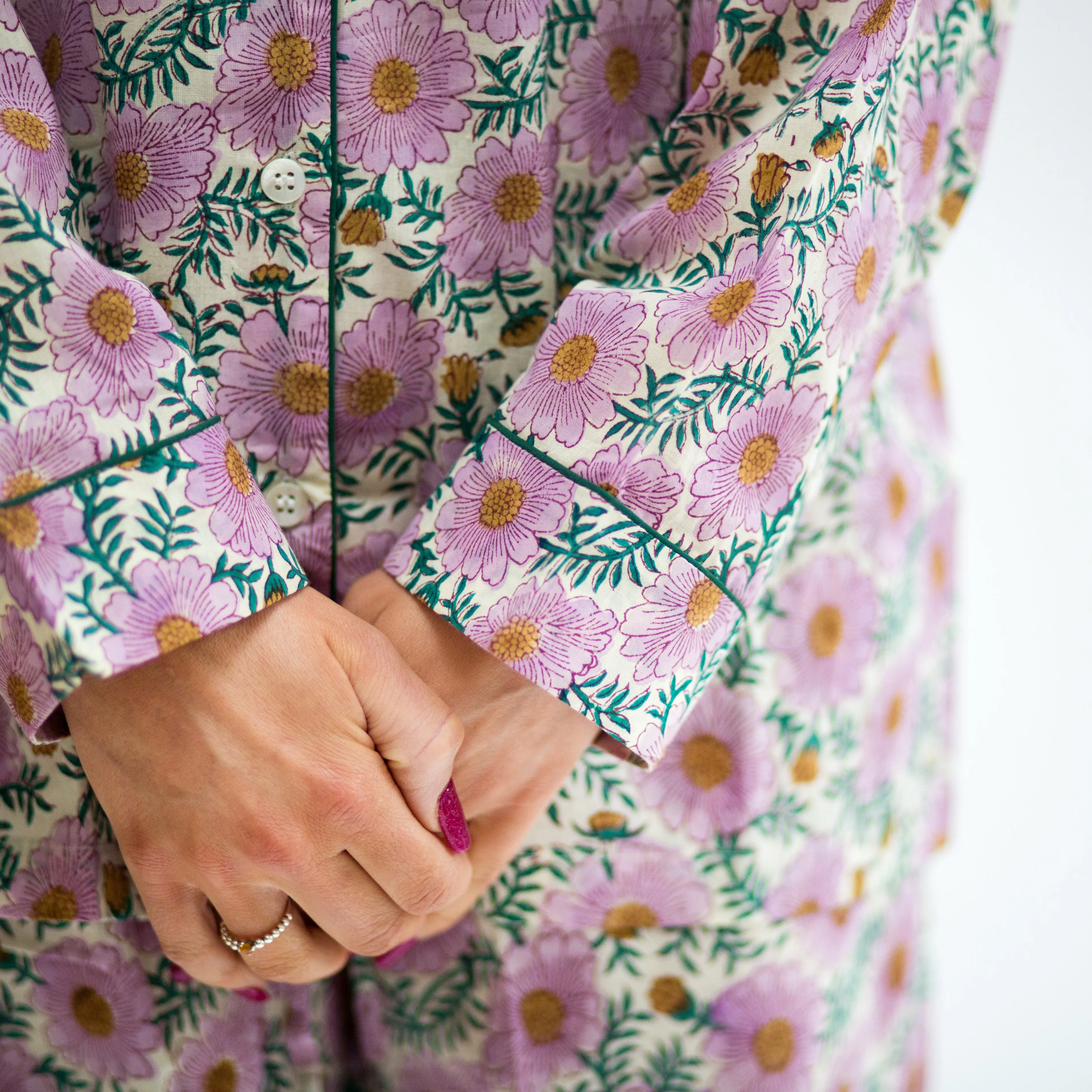 Long PJ Set in Pink & Green Floral Block Print