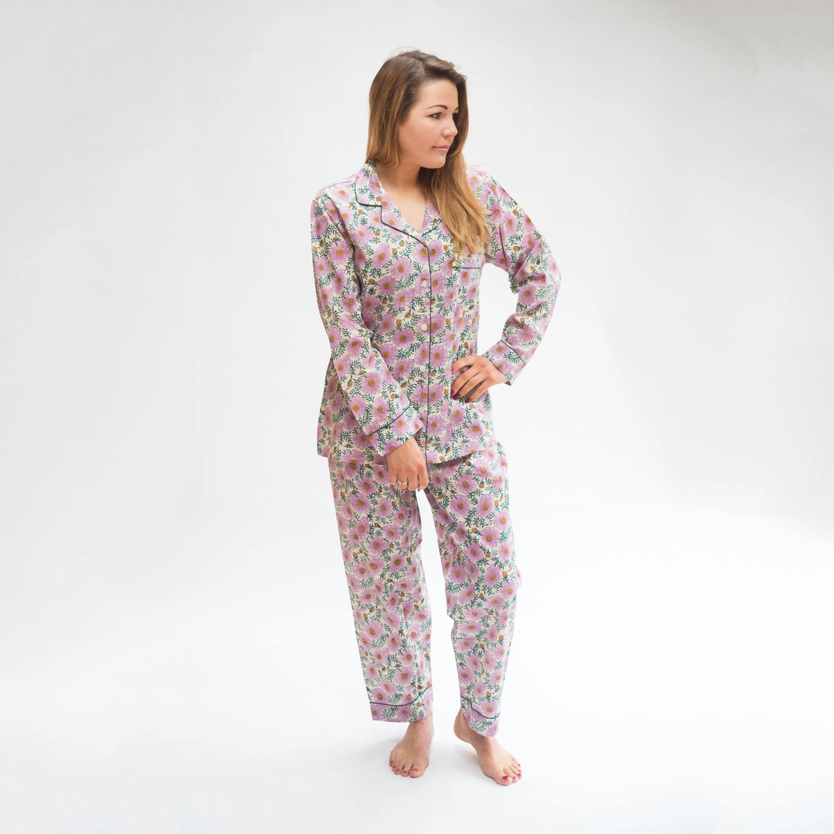 Long PJ Set in Pink & Green Floral Block Print