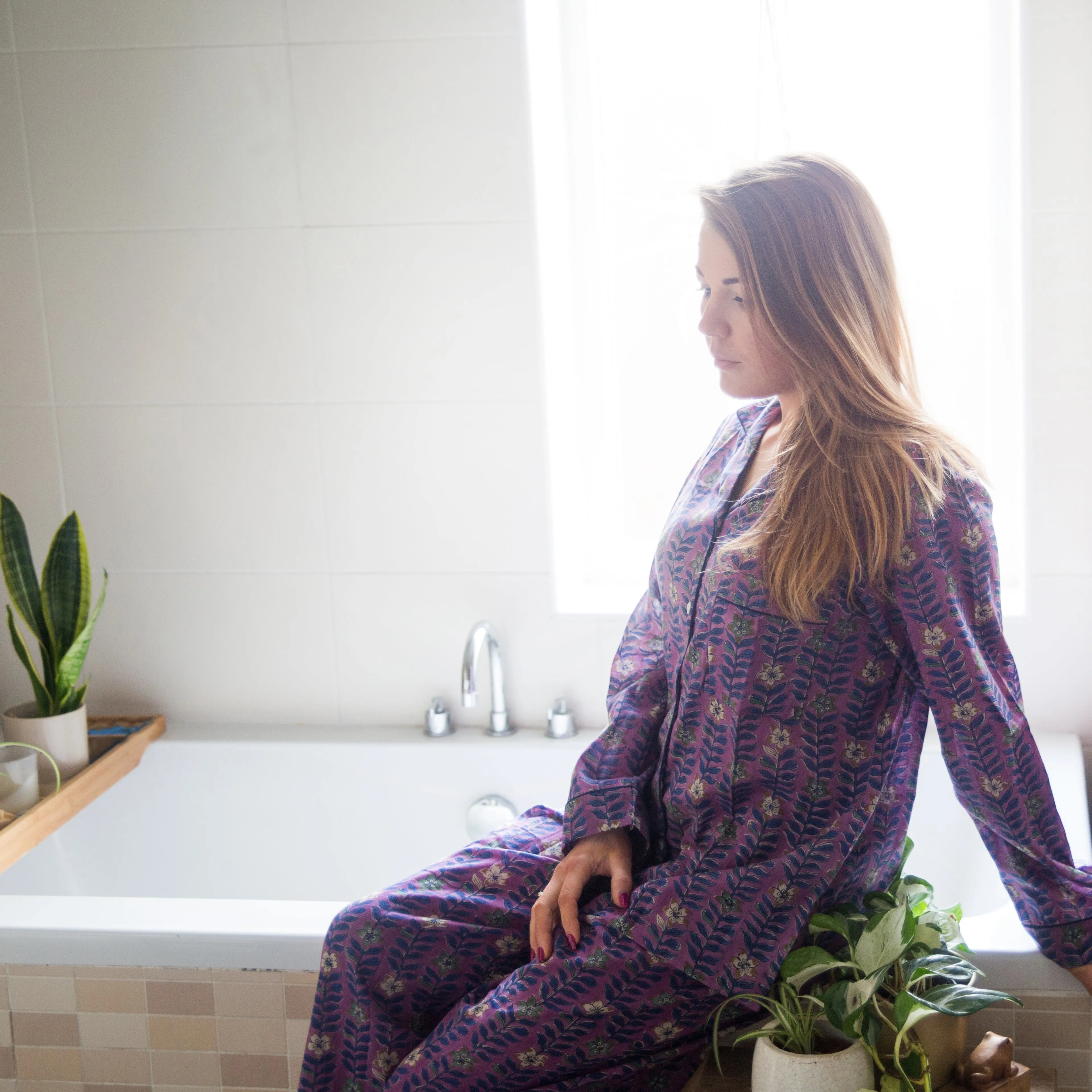 Long PJ Set in Purple Block Print