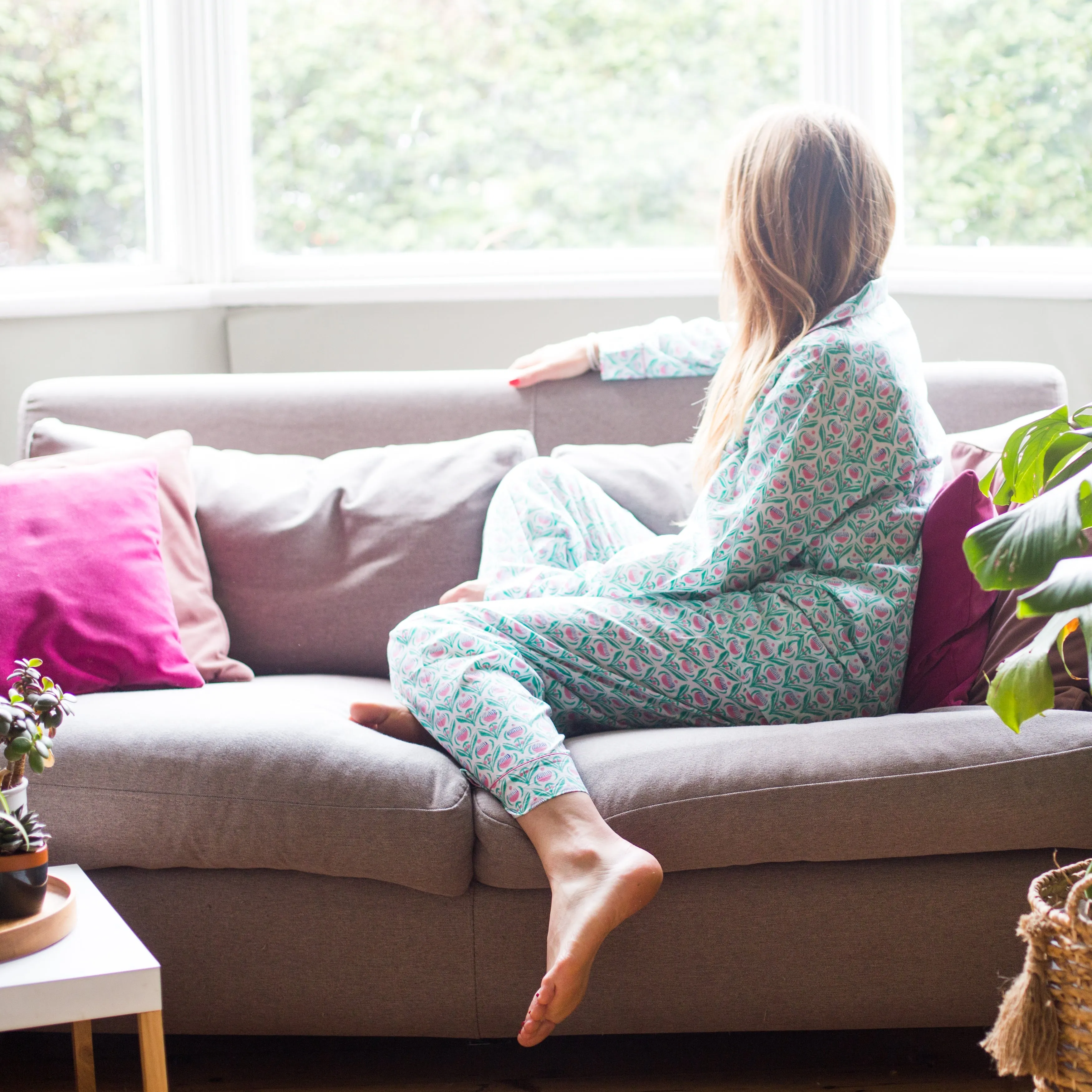 Long PJ Set in Turquoise & Pink Floral Block Print