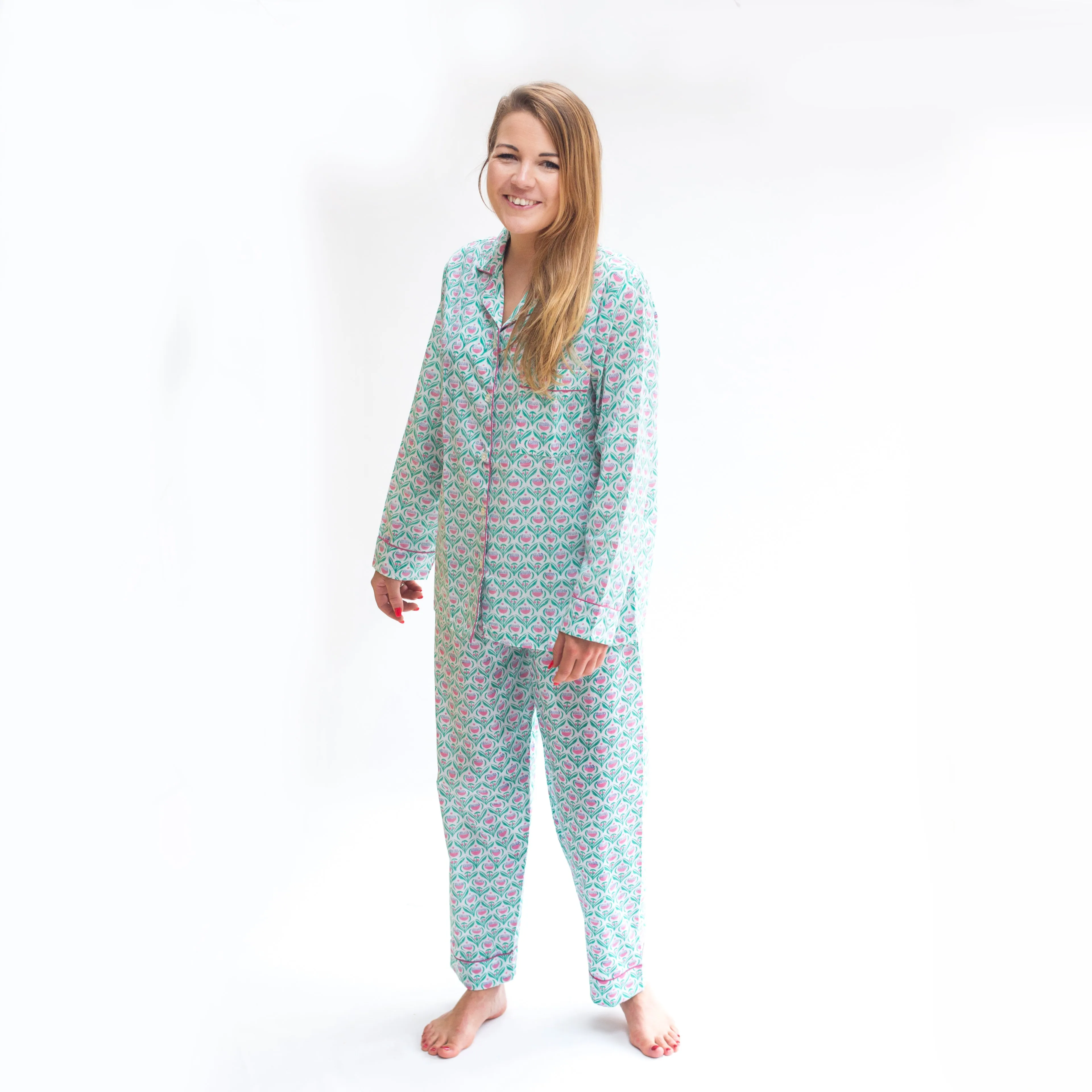 Long PJ Set in Turquoise & Pink Floral Block Print