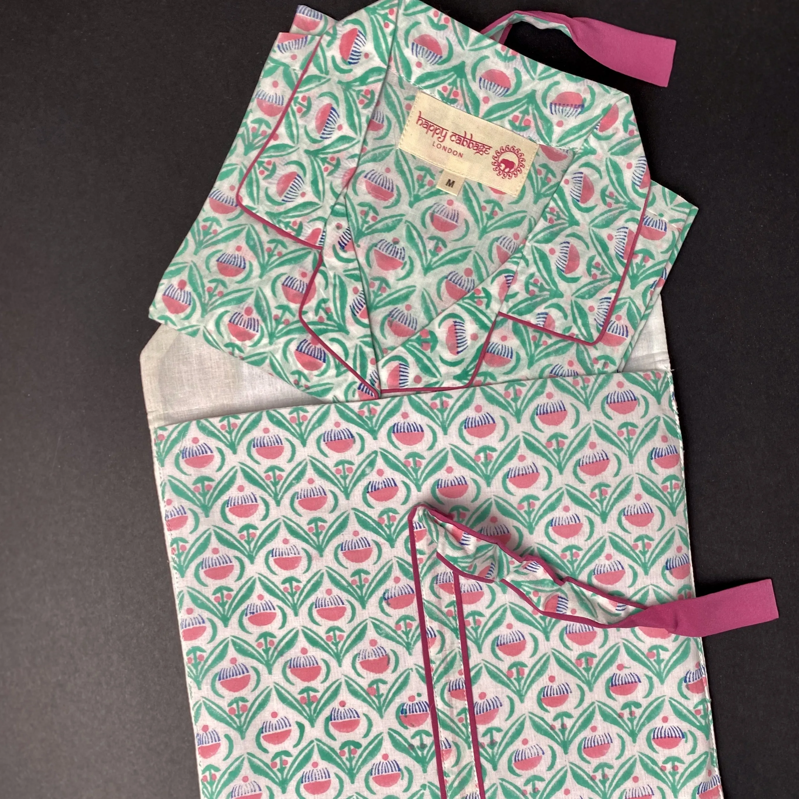 Long PJ Set in Turquoise & Pink Floral Block Print