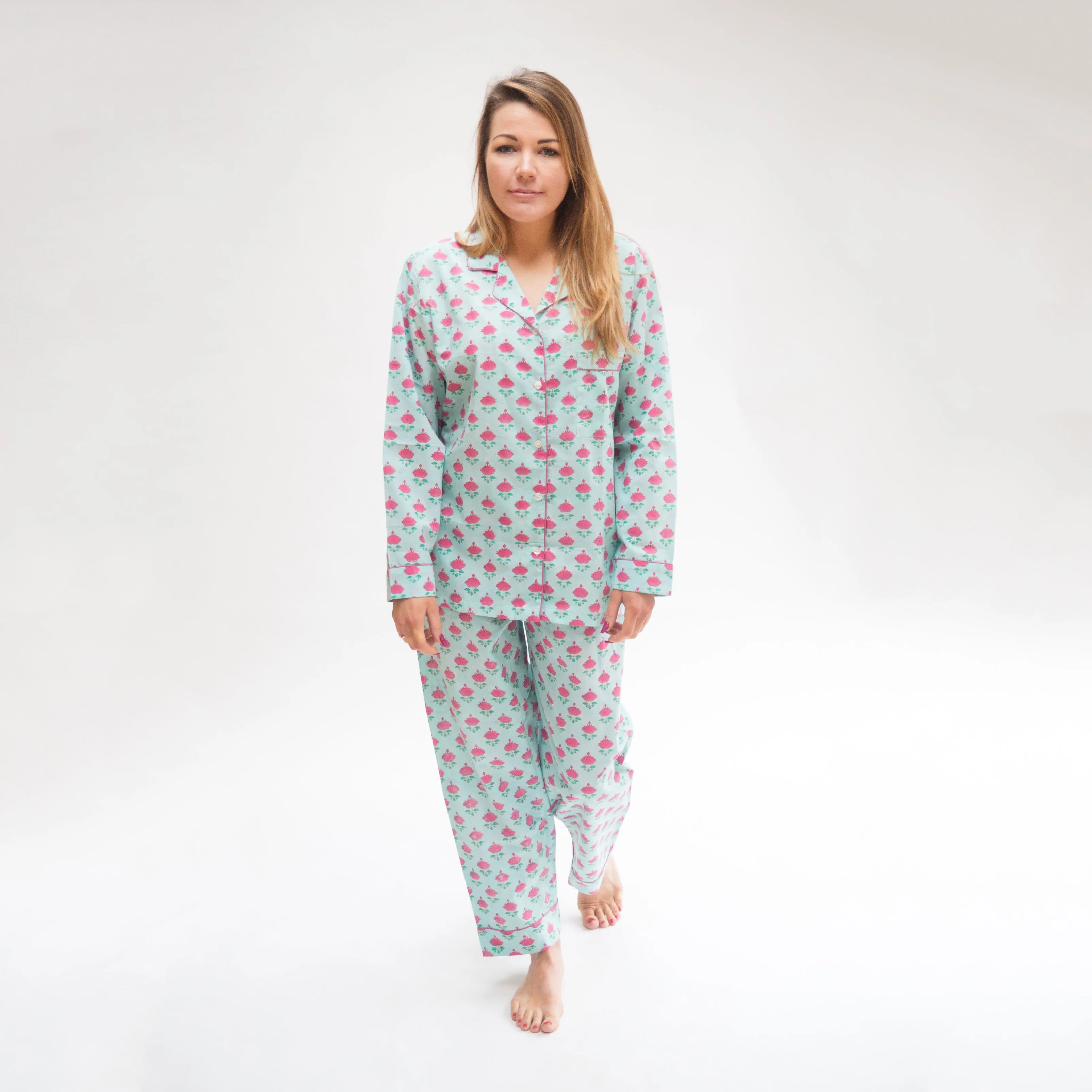 Long PJ Set with Pink Floral Block Print