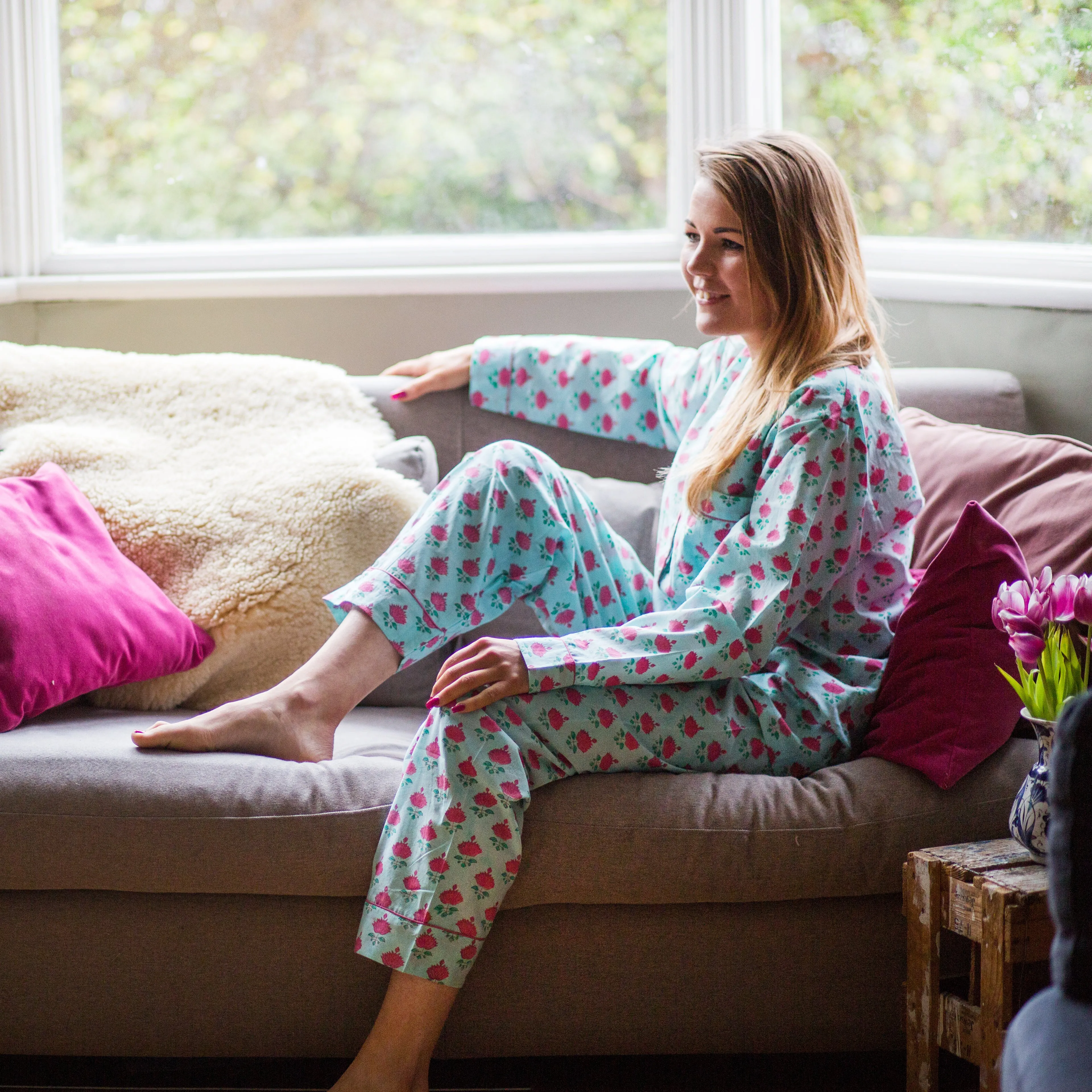 Long PJ Set with Pink Floral Block Print