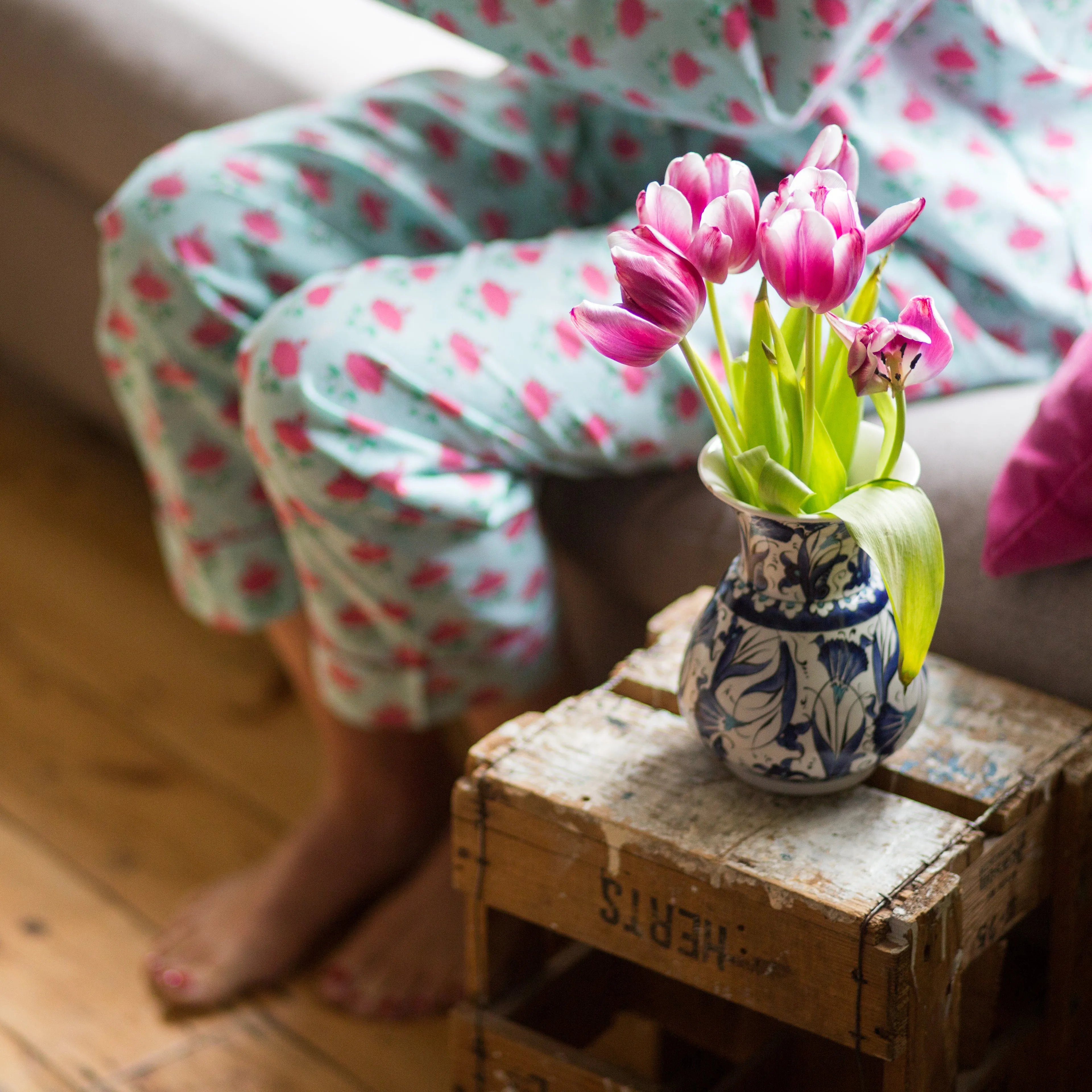 Long PJ Set with Pink Floral Block Print