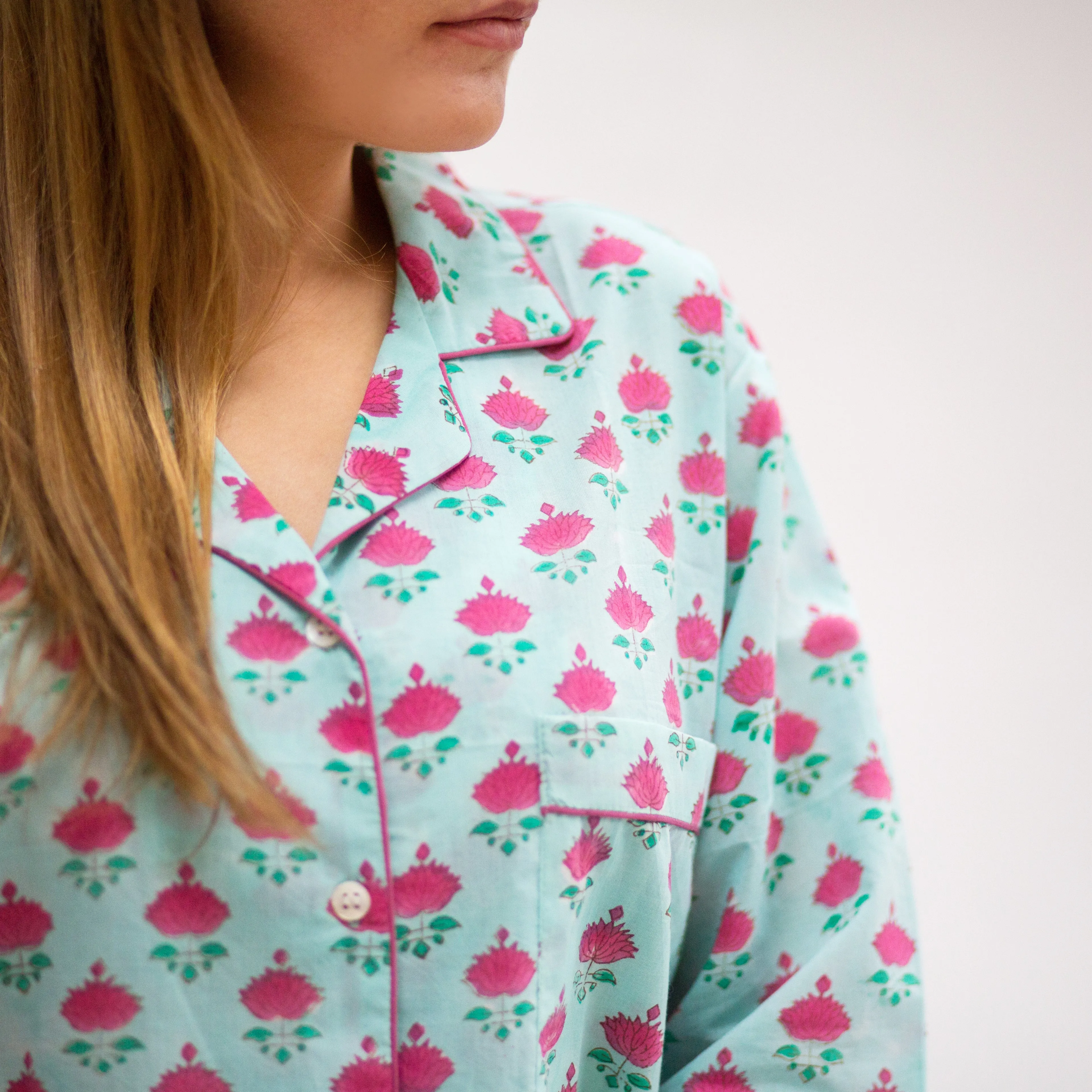 Long PJ Set with Pink Floral Block Print