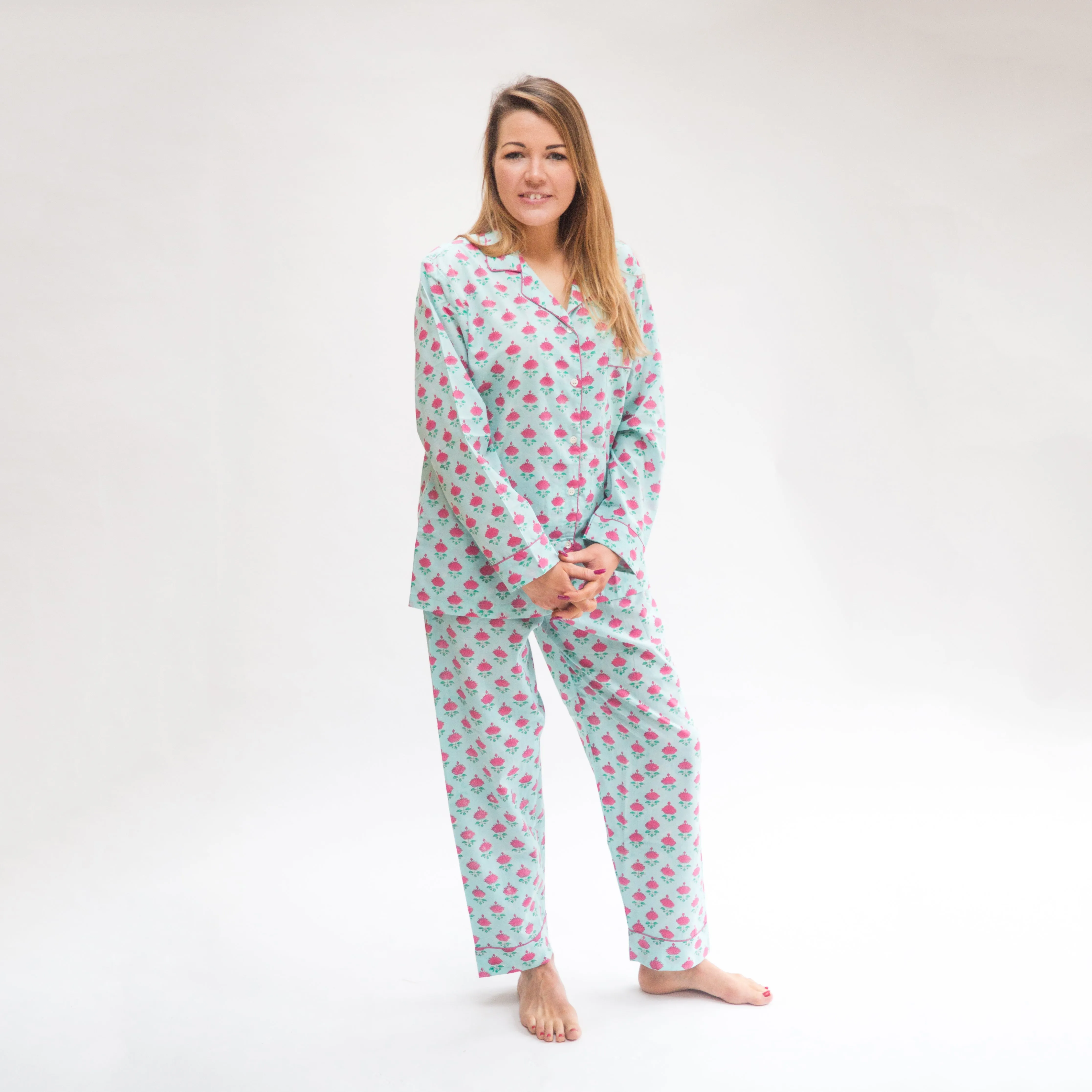 Long PJ Set with Pink Floral Block Print