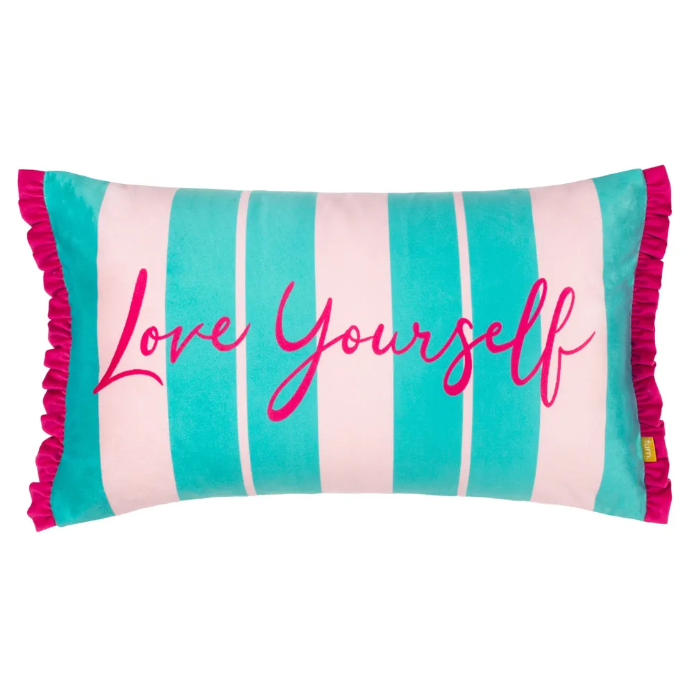 Love Yourself Striped Velvet Cushion Aqua/Pink