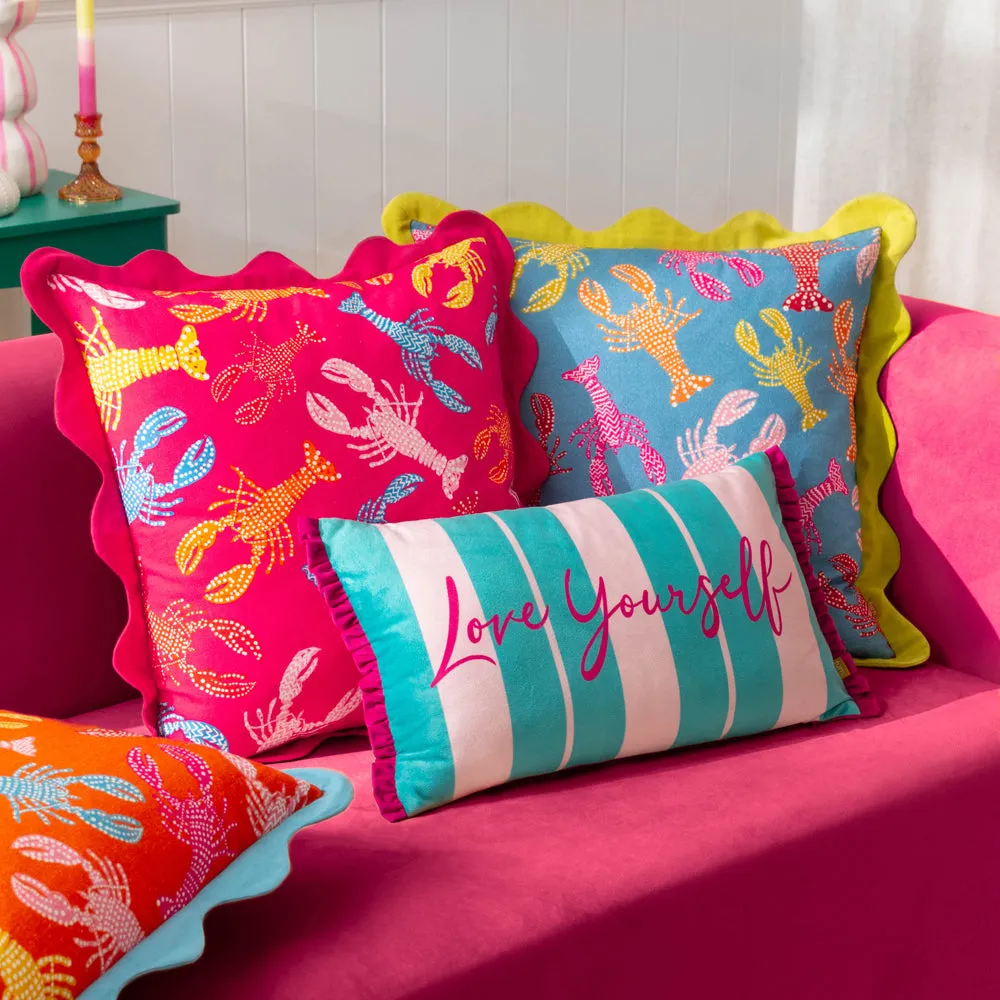 Love Yourself Striped Velvet Cushion Aqua/Pink