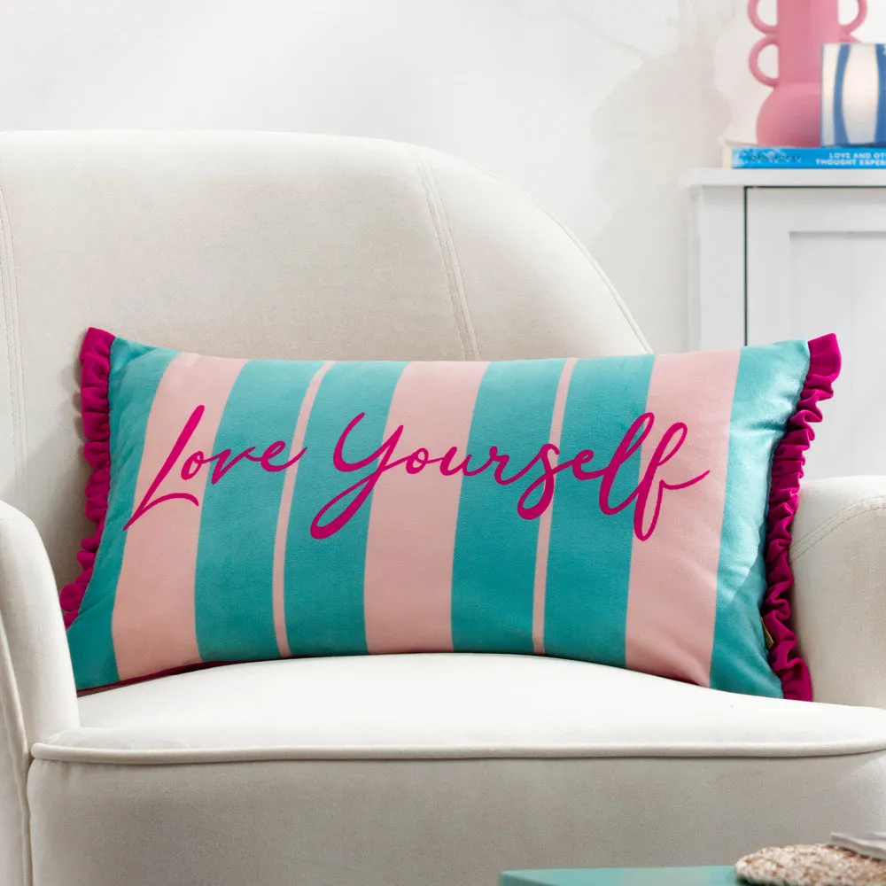 Love Yourself Striped Velvet Cushion Aqua/Pink