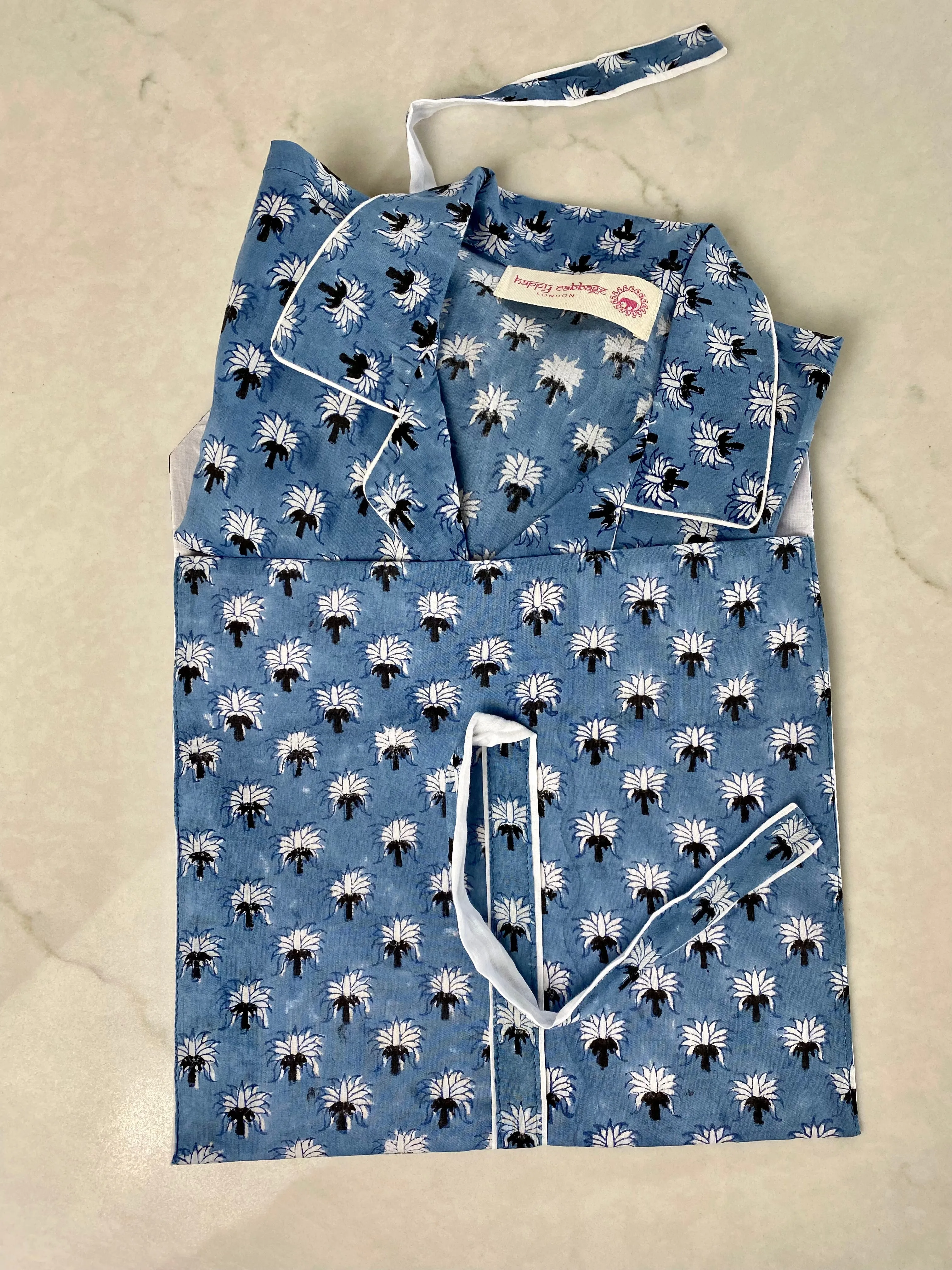 Men's Long PJ Set in Blue & White Block Print Design / Matching Women's Pyjamas / Cotton Loungewear