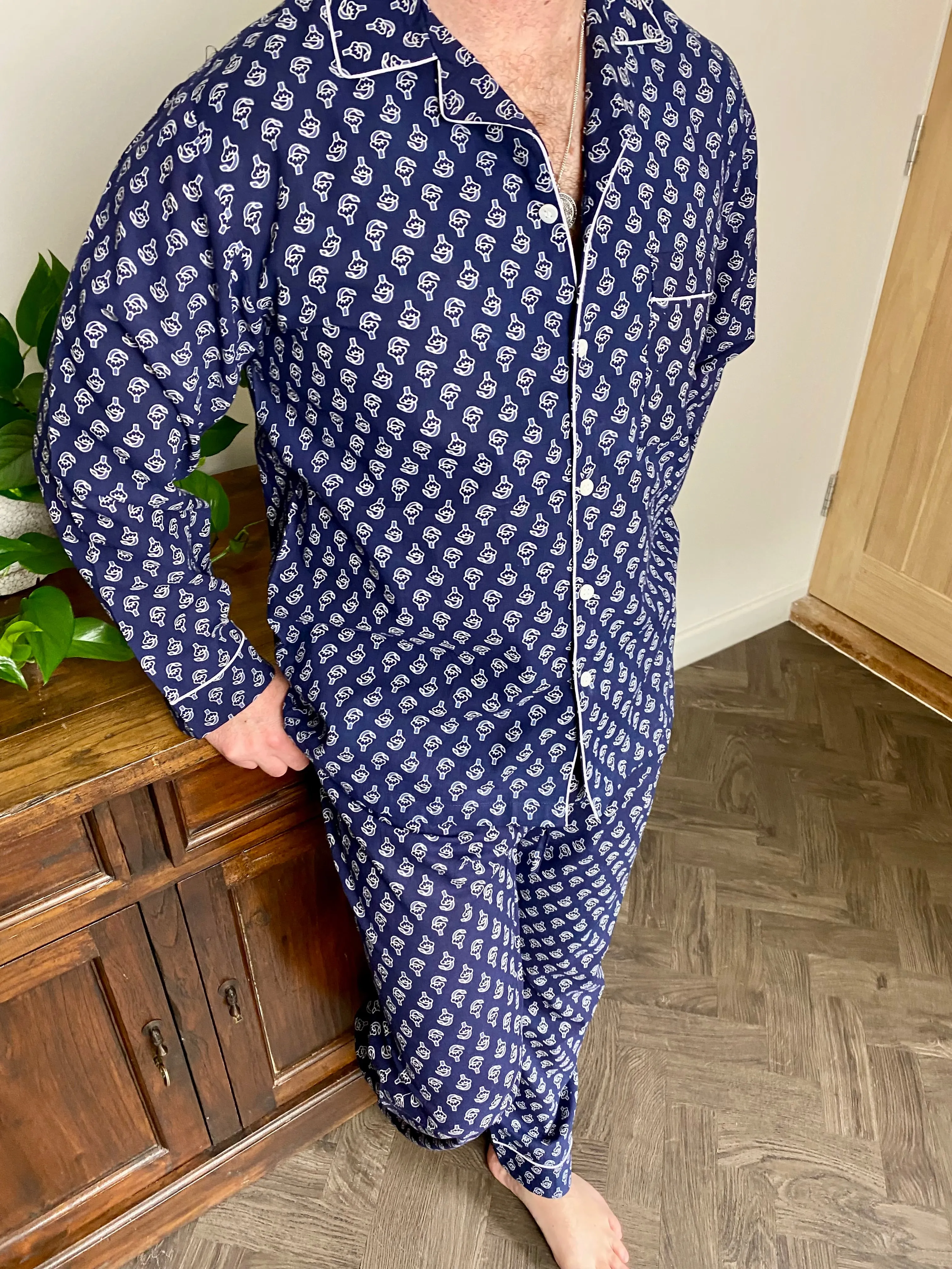 Men's Long PJ Set in Navy Blue Block Print Design / Matching Women's Pyjamas / Cotton Loungewear