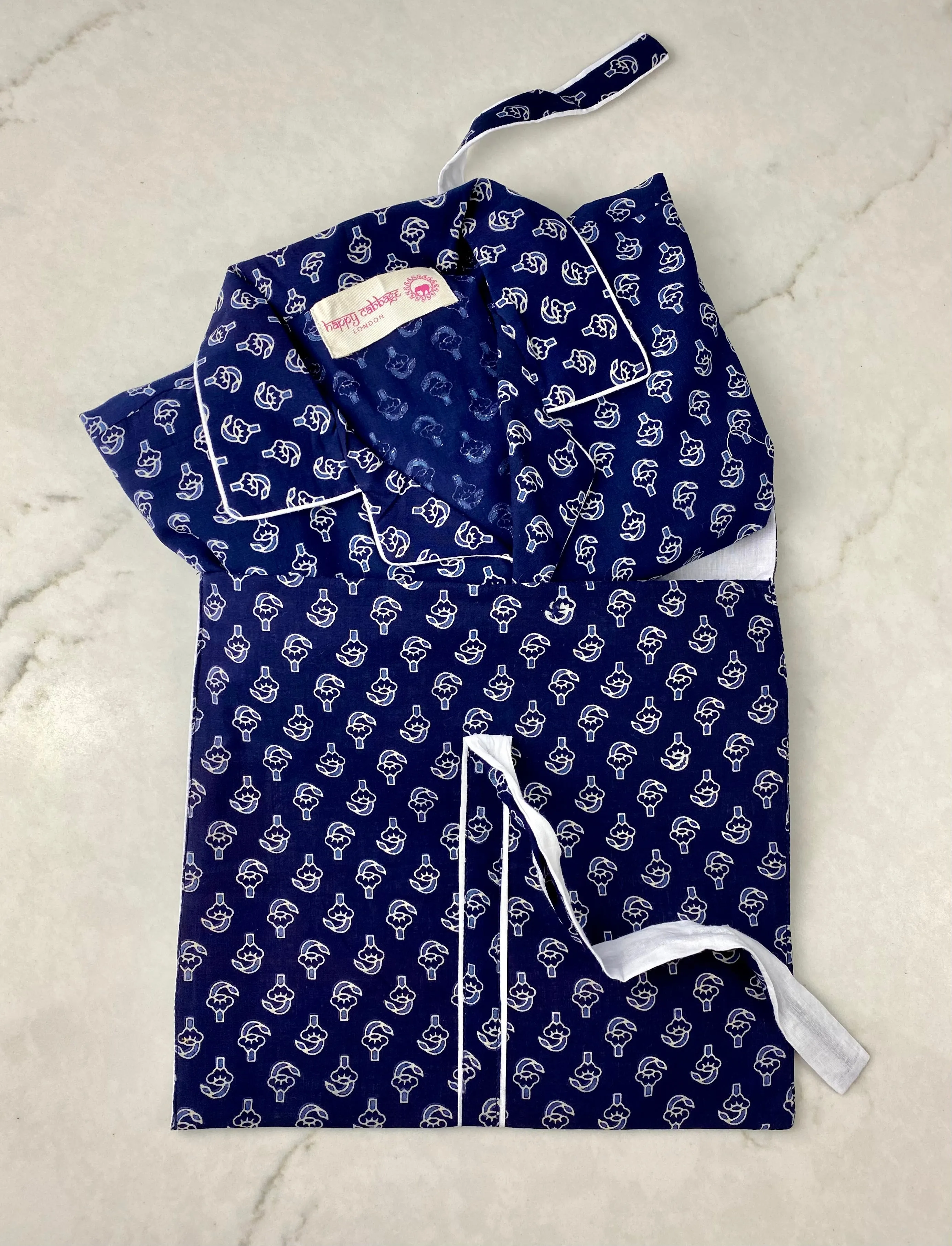 Men's Long PJ Set in Navy Blue Block Print Design / Matching Women's Pyjamas / Cotton Loungewear