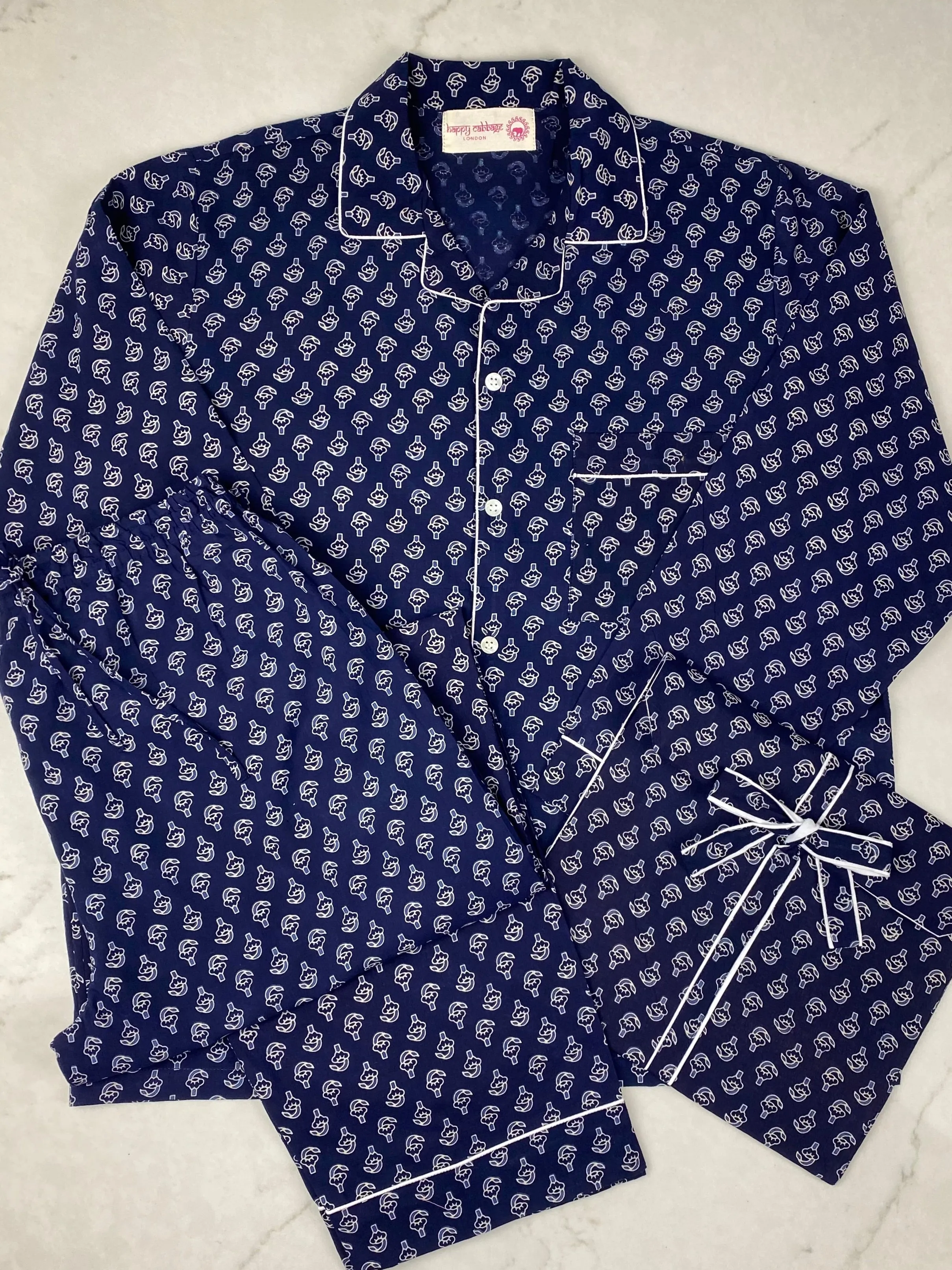 Men's Long PJ Set in Navy Blue Block Print Design / Matching Women's Pyjamas / Cotton Loungewear