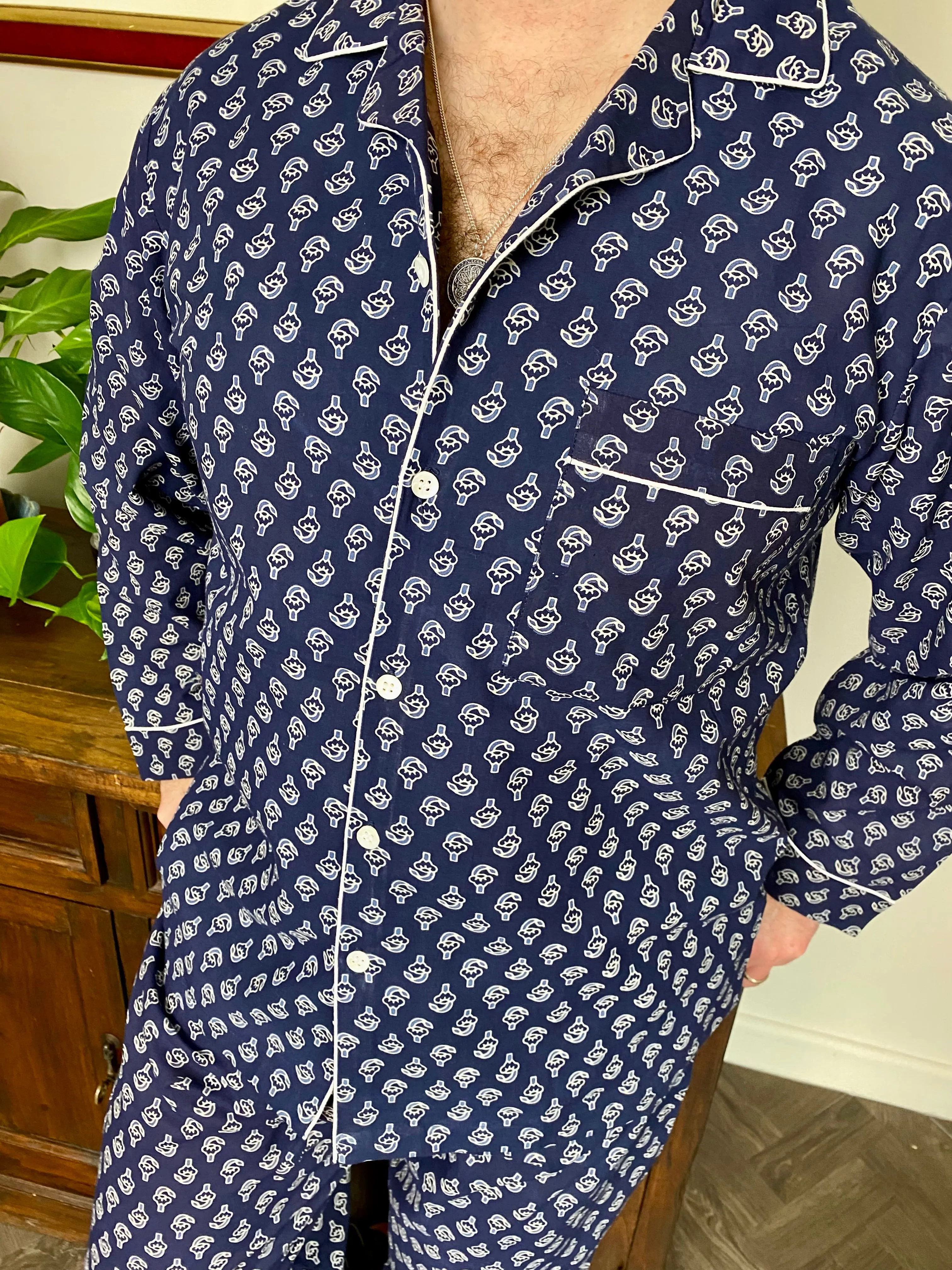 Men's Long PJ Set in Navy Blue Block Print Design / Matching Women's Pyjamas / Cotton Loungewear