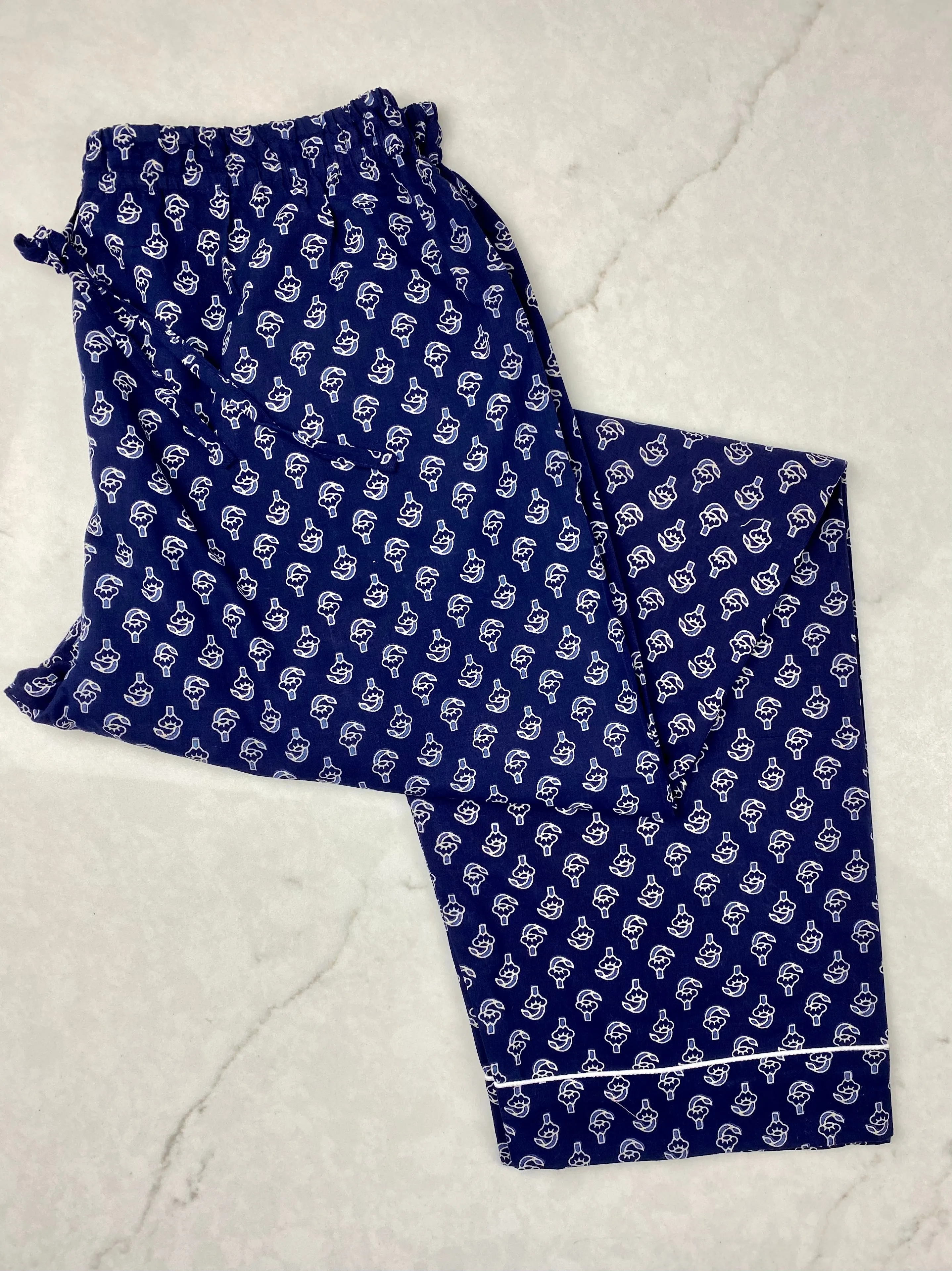 Men's Long PJ Set in Navy Blue Block Print Design / Matching Women's Pyjamas / Cotton Loungewear