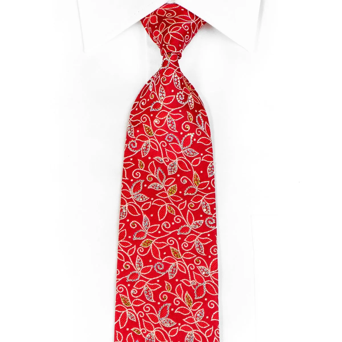 Mens Silk Rhinestone Necktie Silver Floral Scrolls On Red