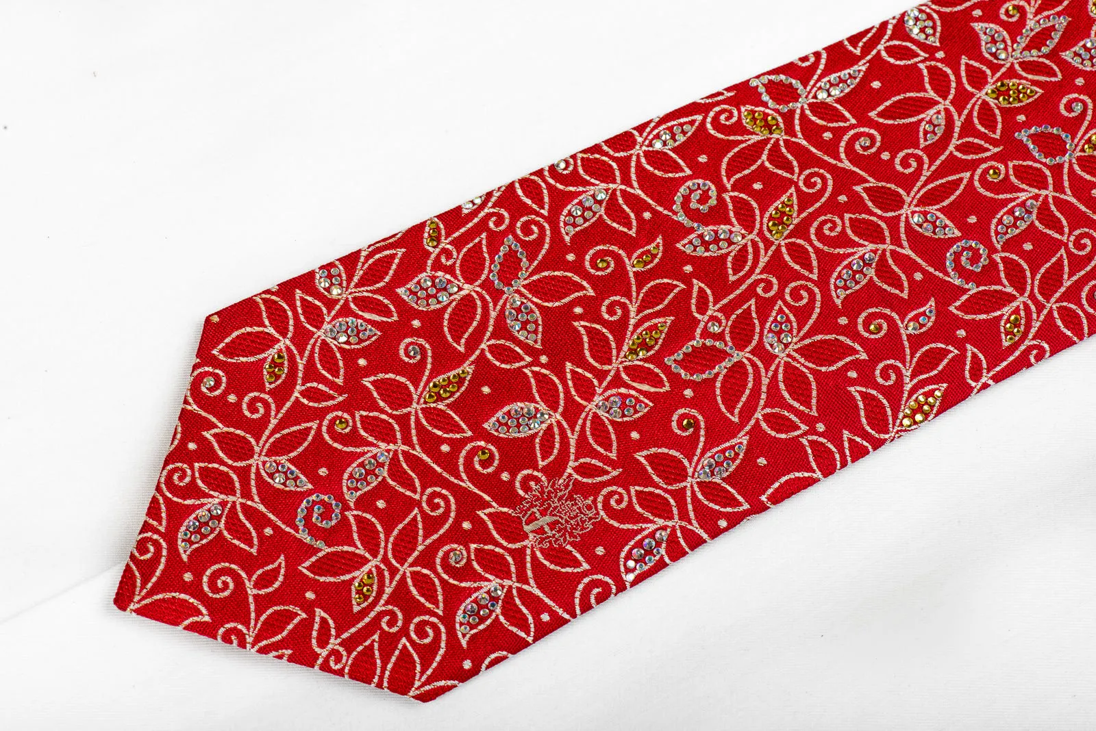 Mens Silk Rhinestone Necktie Silver Floral Scrolls On Red