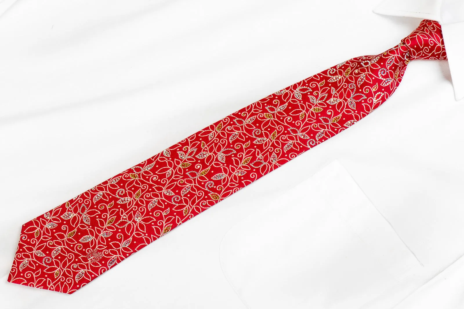 Mens Silk Rhinestone Necktie Silver Floral Scrolls On Red