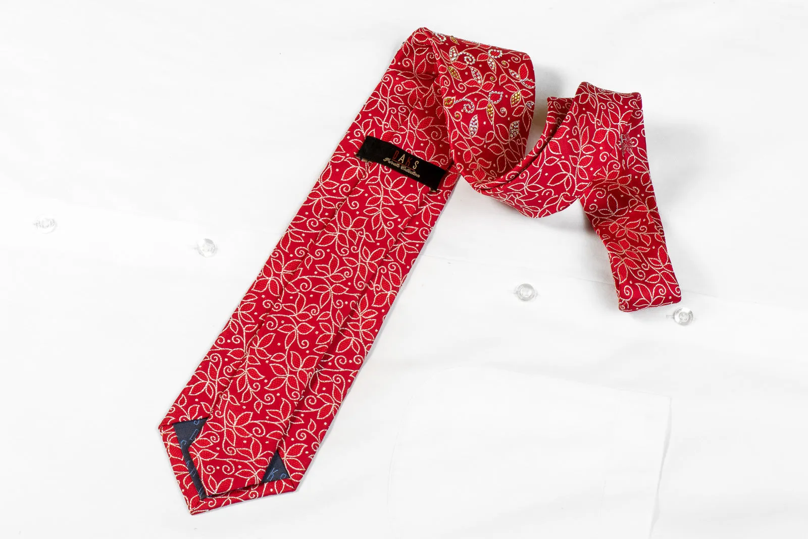 Mens Silk Rhinestone Necktie Silver Floral Scrolls On Red