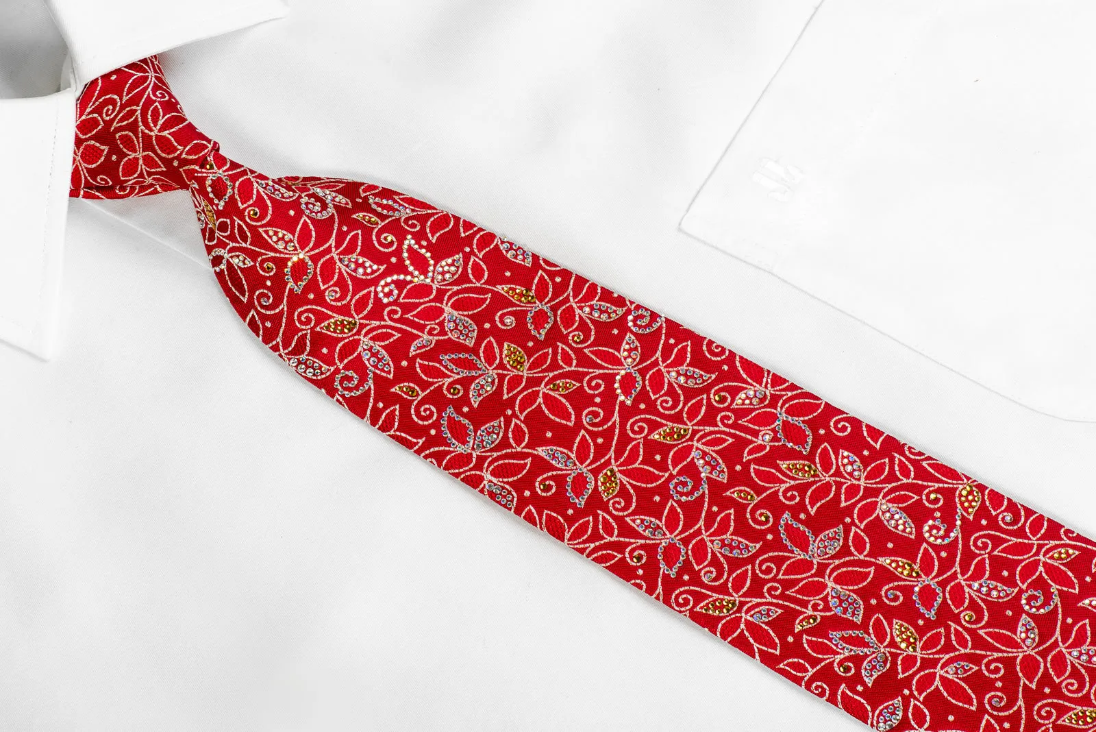 Mens Silk Rhinestone Necktie Silver Floral Scrolls On Red