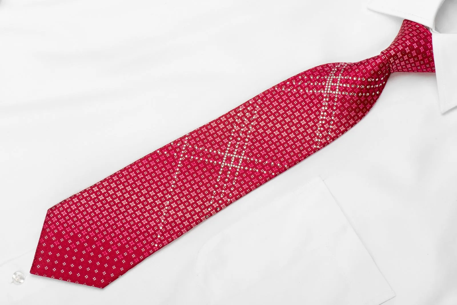 Metro City Men's Crystal Silk Necktie Geometric On Red With Silver Sparkles