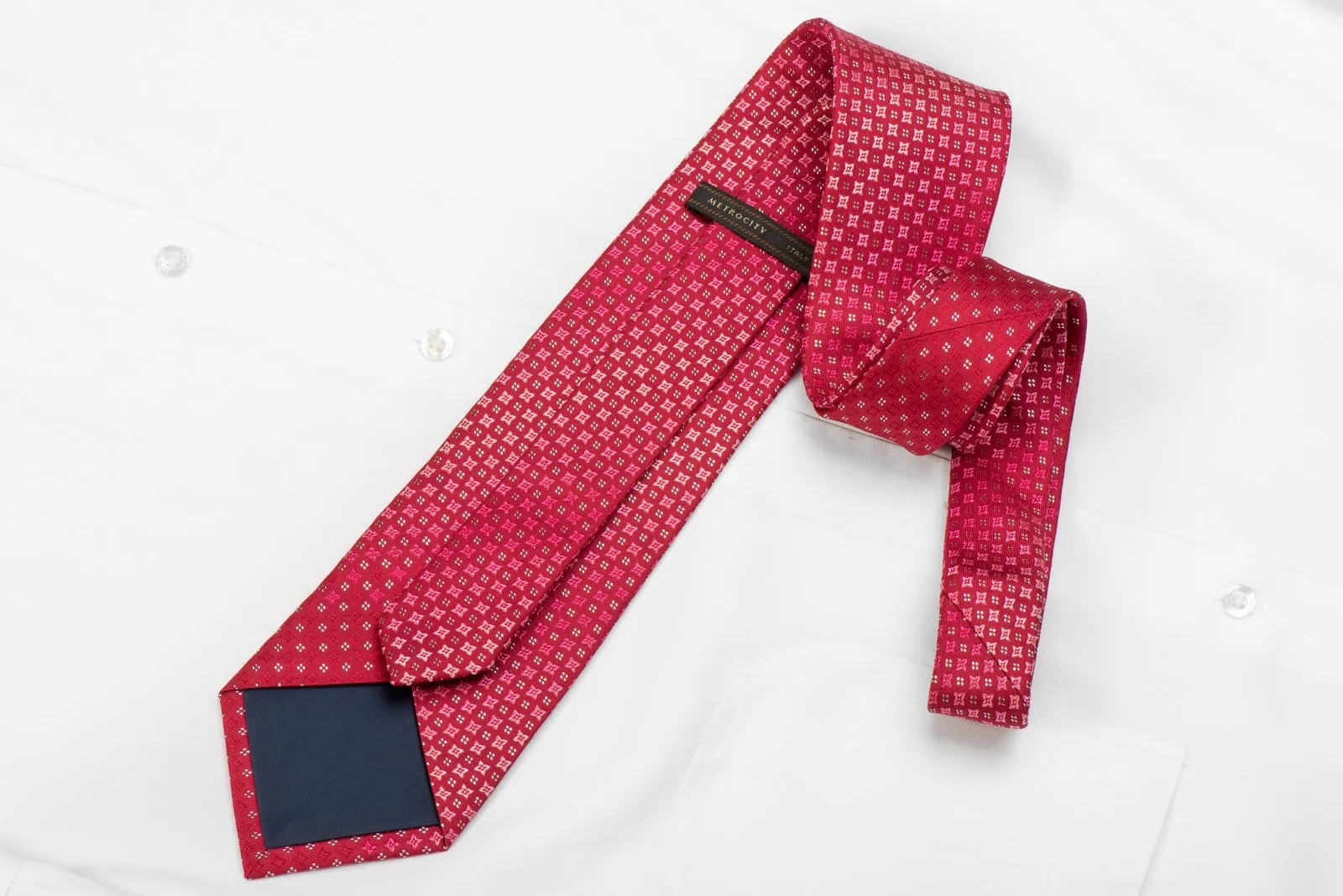 Metro City Men's Crystal Silk Necktie Geometric On Red With Silver Sparkles