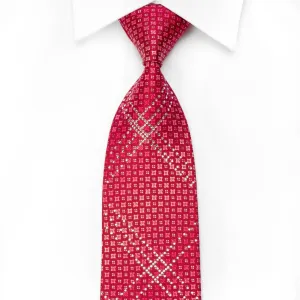 Metro City Men's Crystal Silk Necktie Geometric On Red With Silver Sparkles