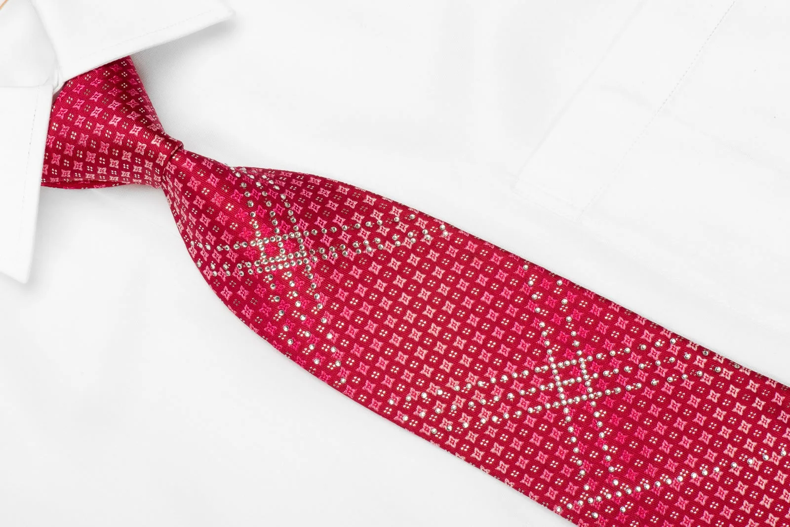 Metro City Men's Crystal Silk Necktie Geometric On Red With Silver Sparkles