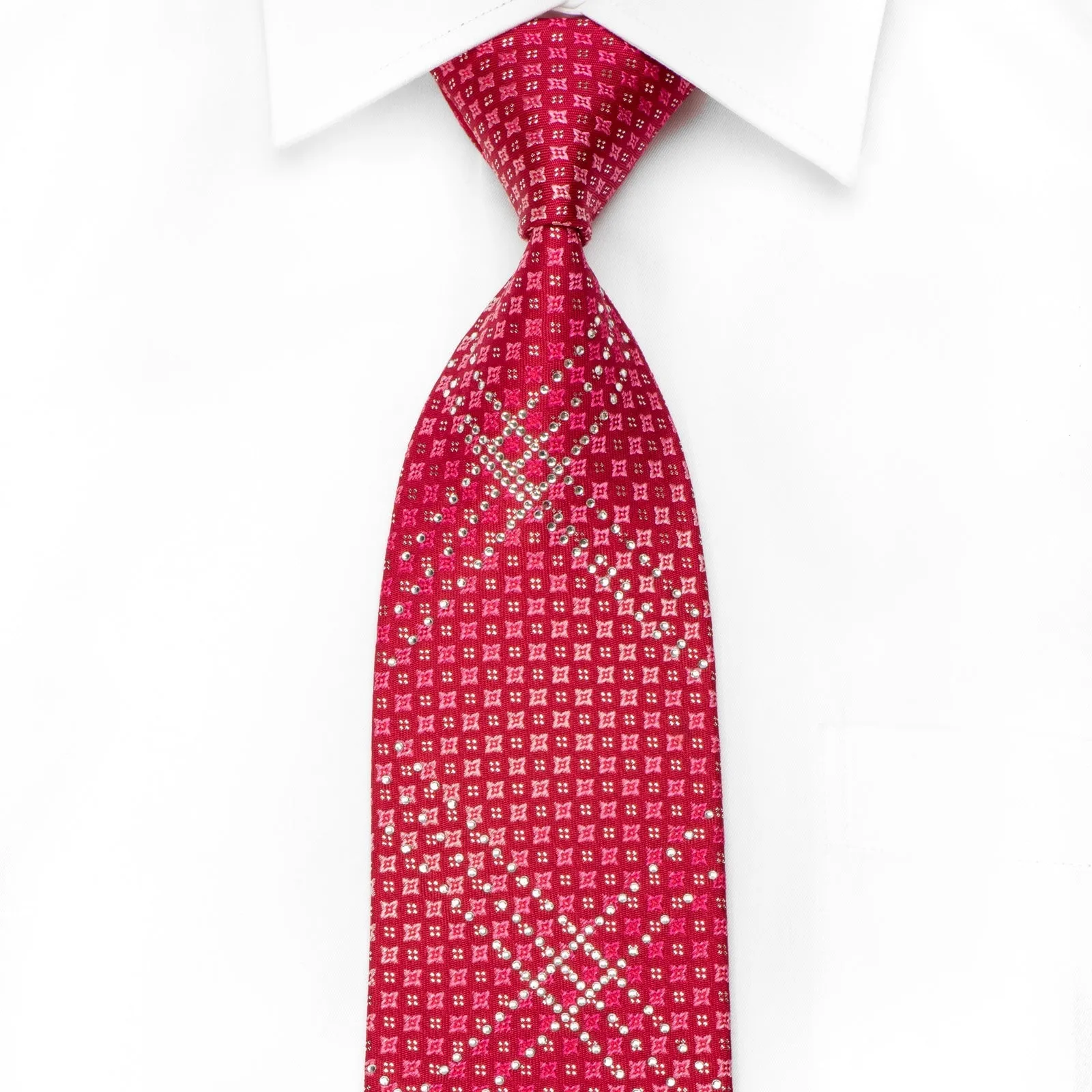 Metro City Men's Crystal Silk Necktie Geometric On Red With Silver Sparkles