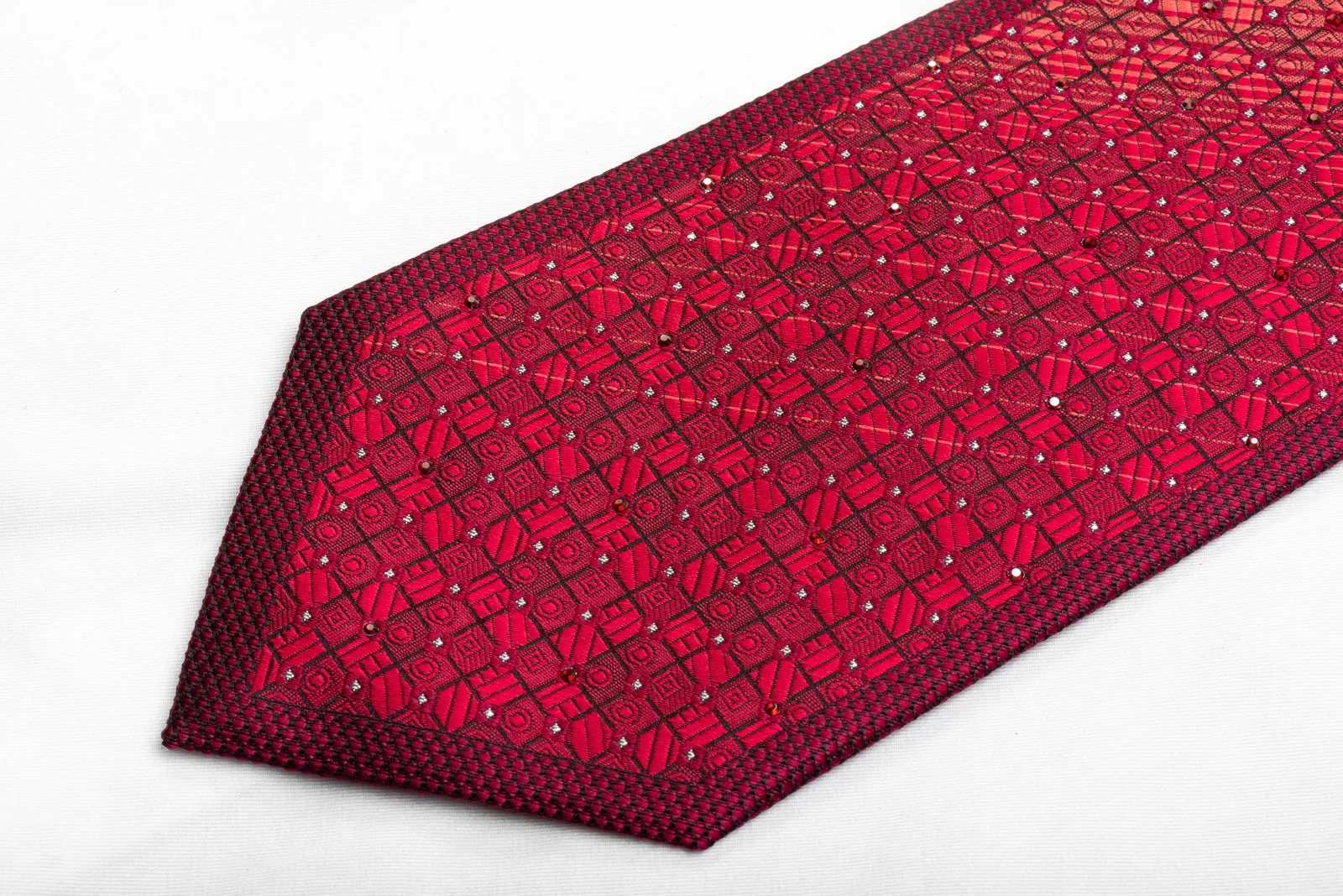 Metro City Men's Rhinestone Necktie Red Geometric On Navy With Silver Sparkles