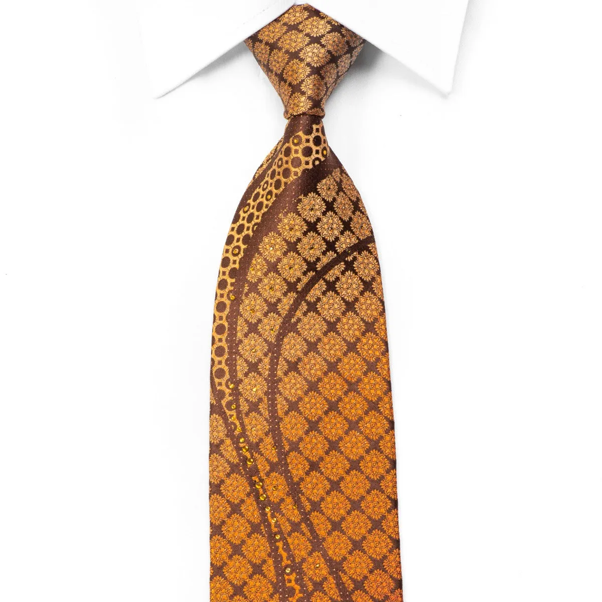 Metro City Rhinestone Silk Necktie Wave & Orange Cartouche On Brown With Sparkles