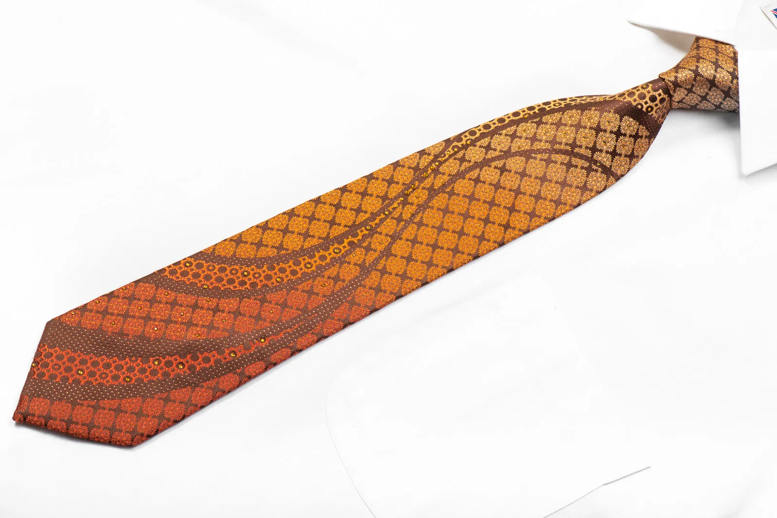 Metro City Rhinestone Silk Necktie Wave & Orange Cartouche On Brown With Sparkles