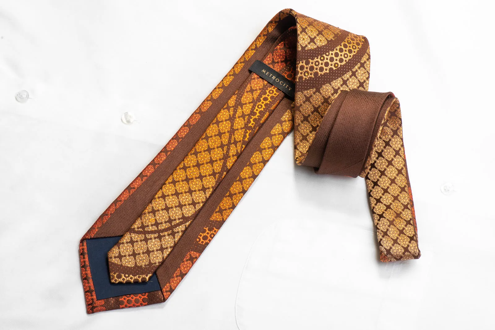 Metro City Rhinestone Silk Necktie Wave & Orange Cartouche On Brown With Sparkles