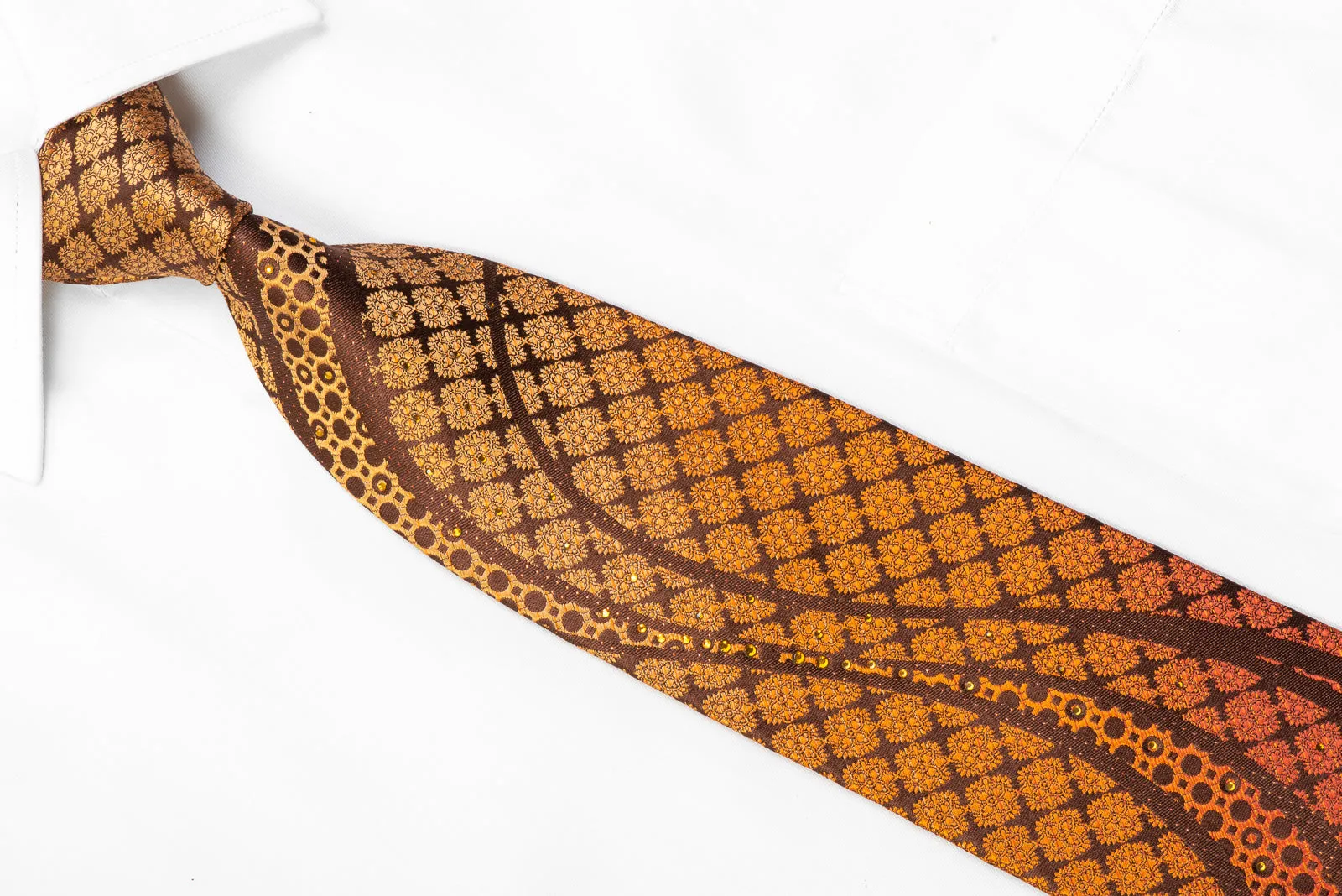 Metro City Rhinestone Silk Necktie Wave & Orange Cartouche On Brown With Sparkles