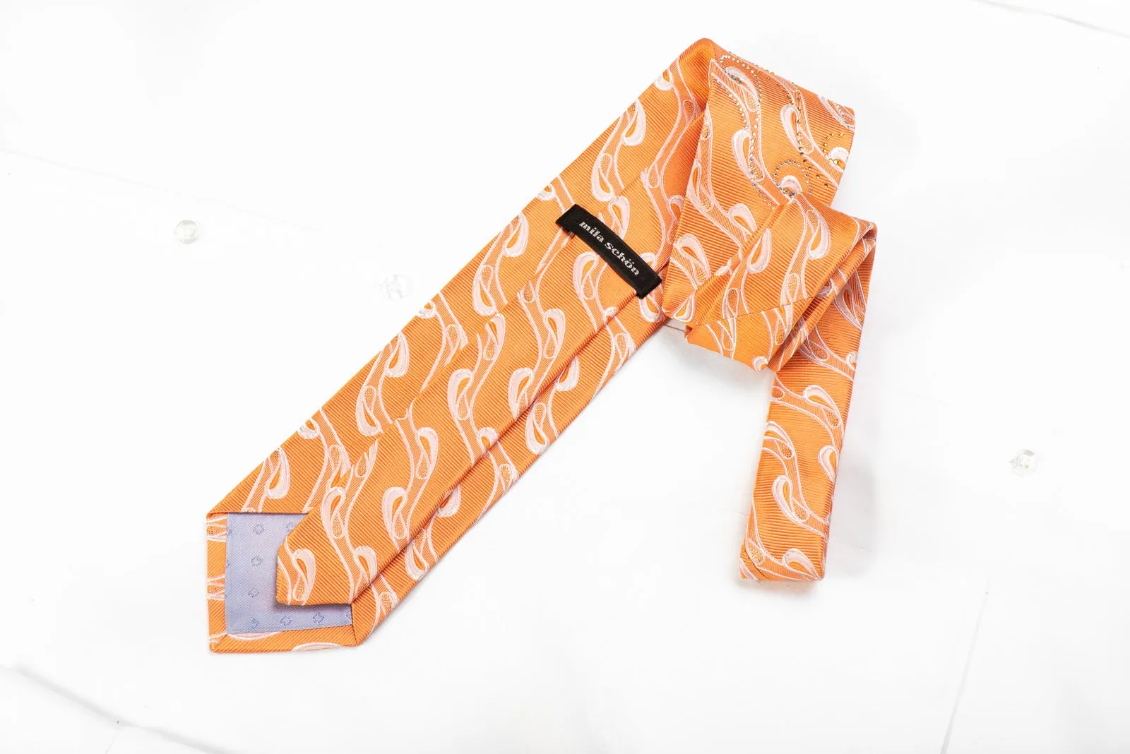 Mila Schon Men's Crystal Silk Necktie Waves On Orange With Gold Sparkles