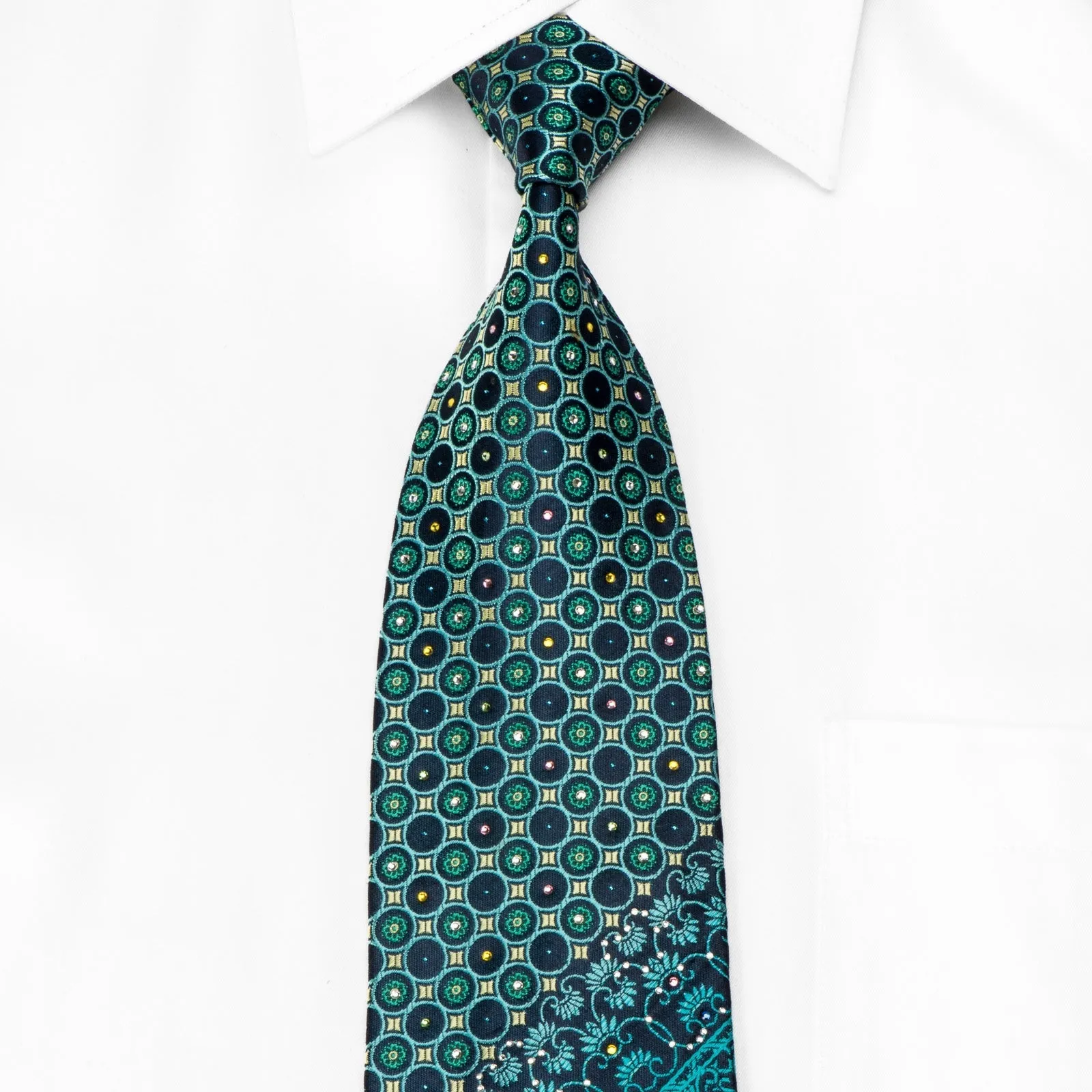 Mila Schon Men's Crystal Silk Tie Geometric Cartouche On Teal With Blue Sparkles