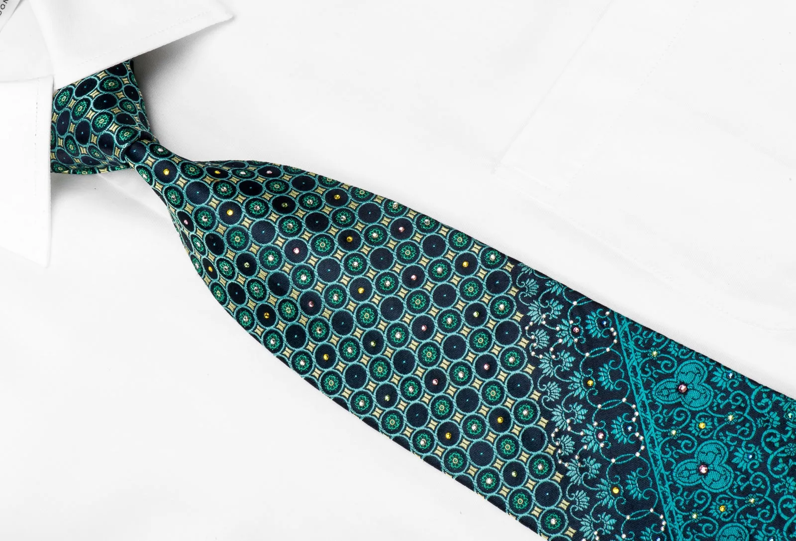 Mila Schon Men's Crystal Silk Tie Geometric Cartouche On Teal With Blue Sparkles