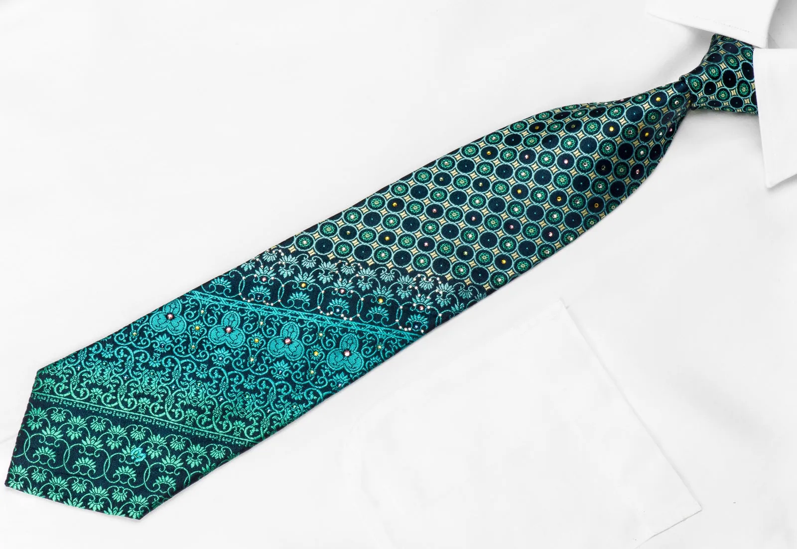 Mila Schon Men's Crystal Silk Tie Geometric Cartouche On Teal With Blue Sparkles