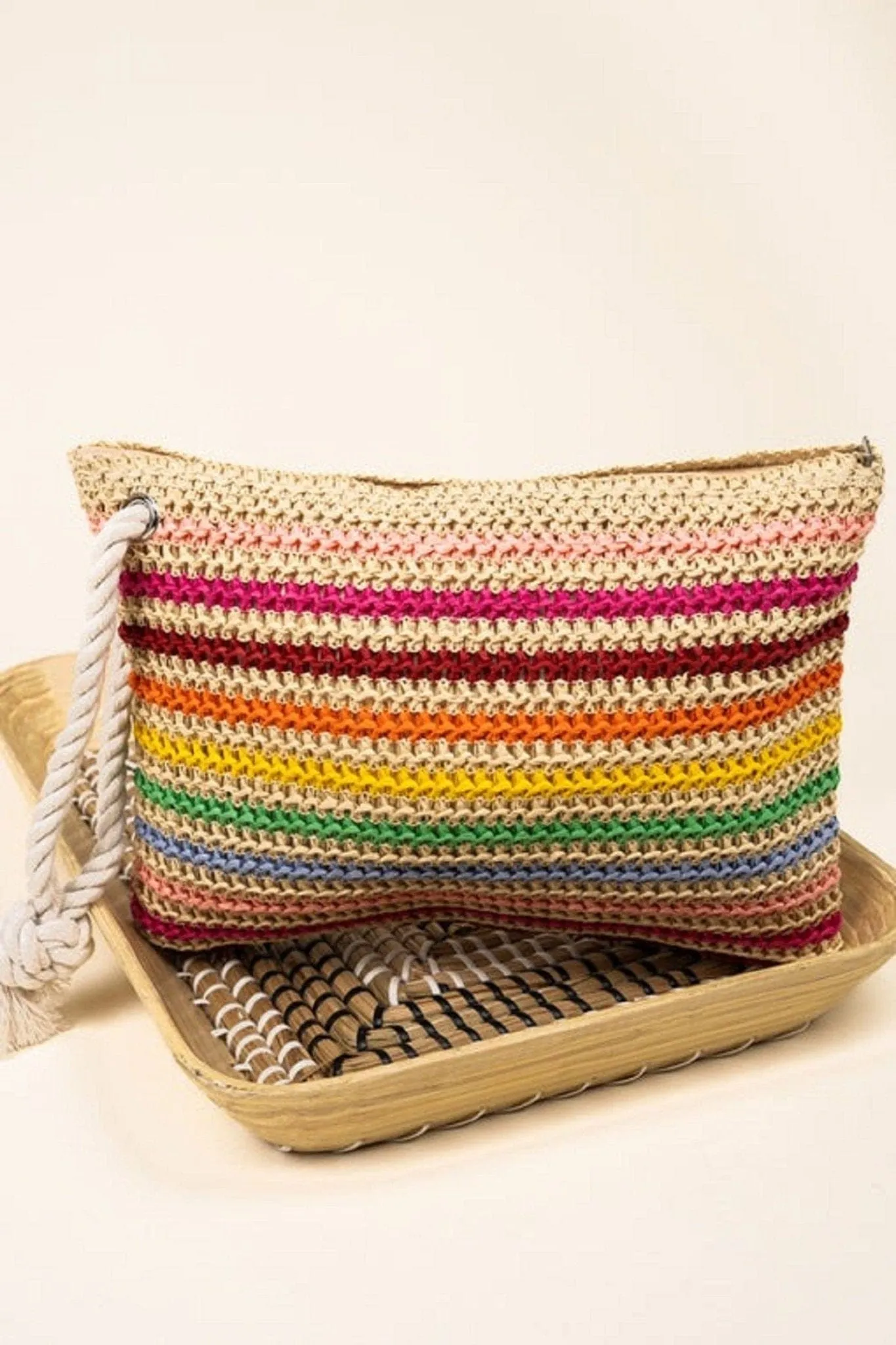 MP0205 Rope Handle Striped Crochet Pouch