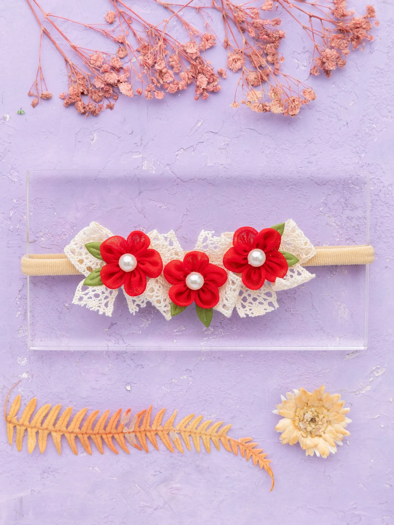 Newborn Three Flower Chiffon & Lace Headband- Red