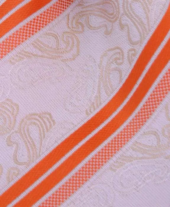 Orange Striped Tie with Golden Cream Paisley Pattern