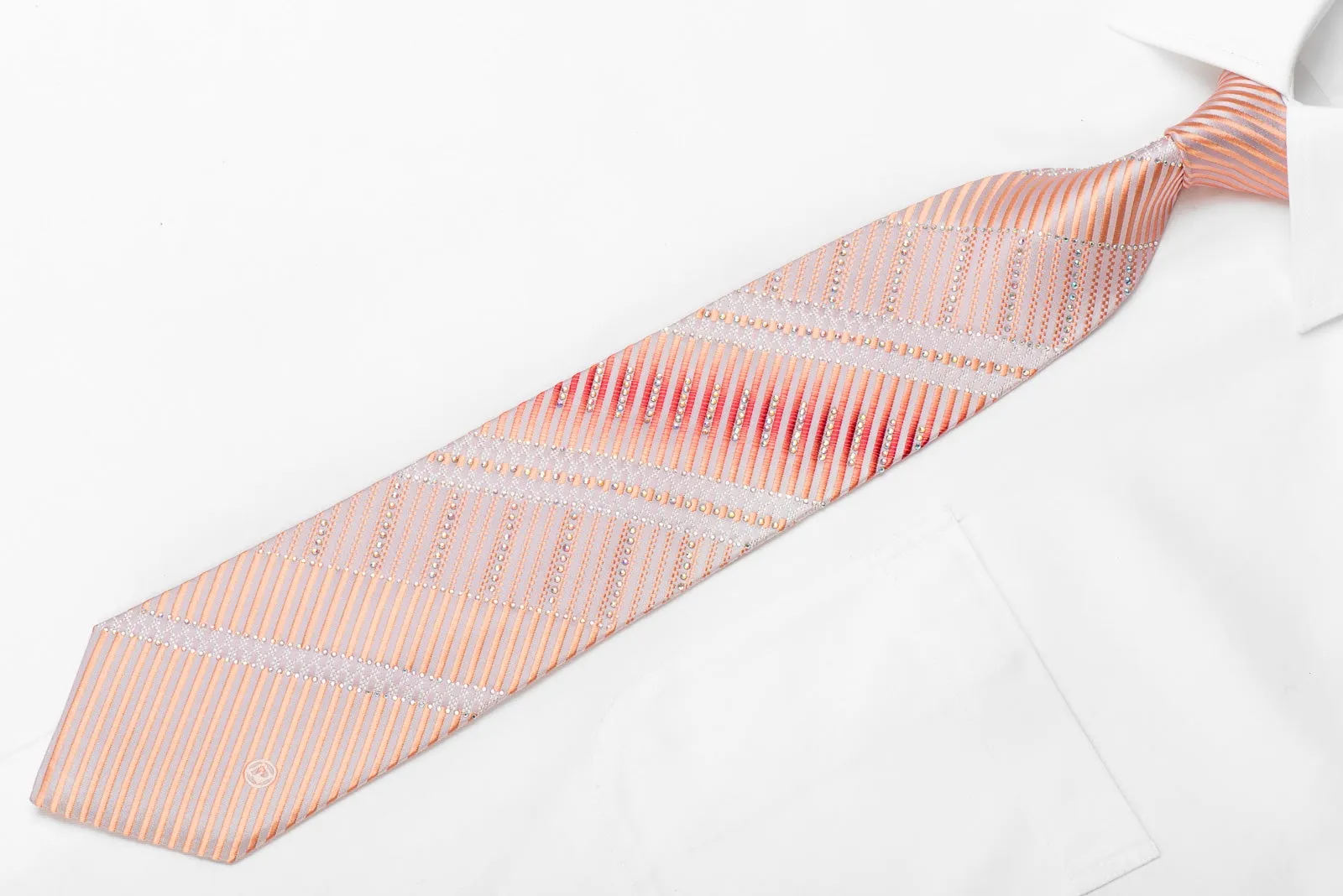 Paco Rabanne Men's Crystal Silk Necktie Pink Striped With Silver Sparkles