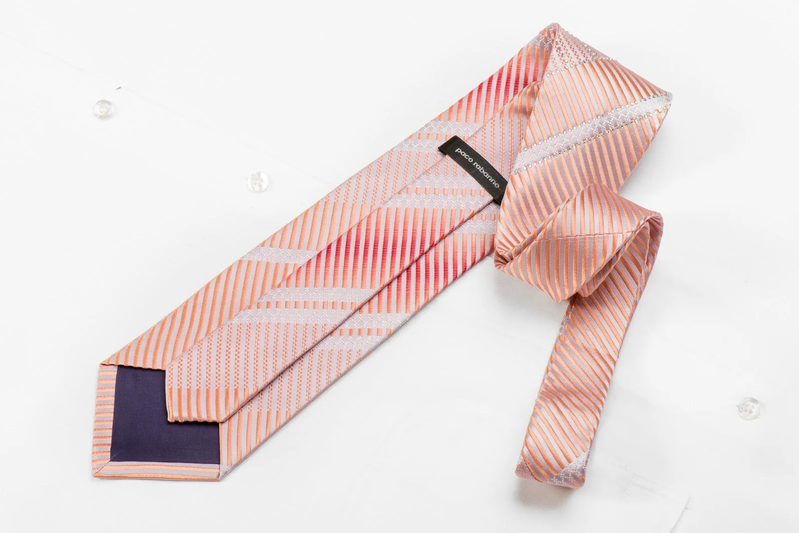 Paco Rabanne Men's Crystal Silk Necktie Pink Striped With Silver Sparkles