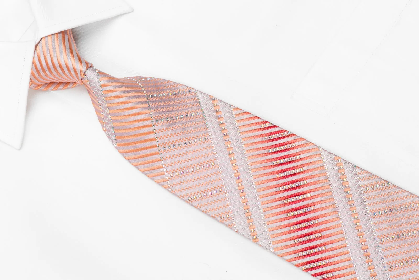 Paco Rabanne Men's Crystal Silk Necktie Pink Striped With Silver Sparkles