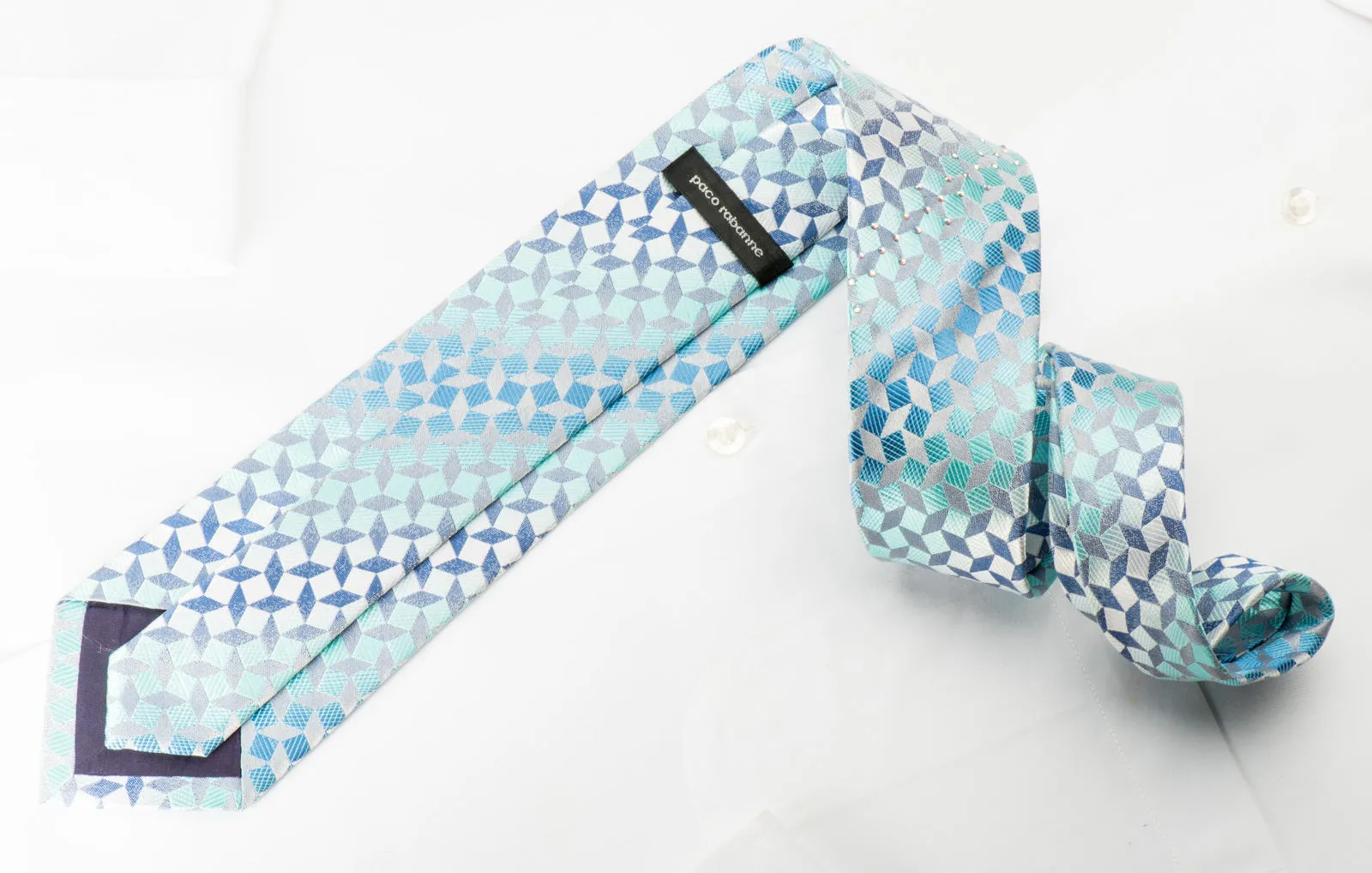 Paco Rabanne Silk Tie Blue Geometric On Silver With Rhinestones